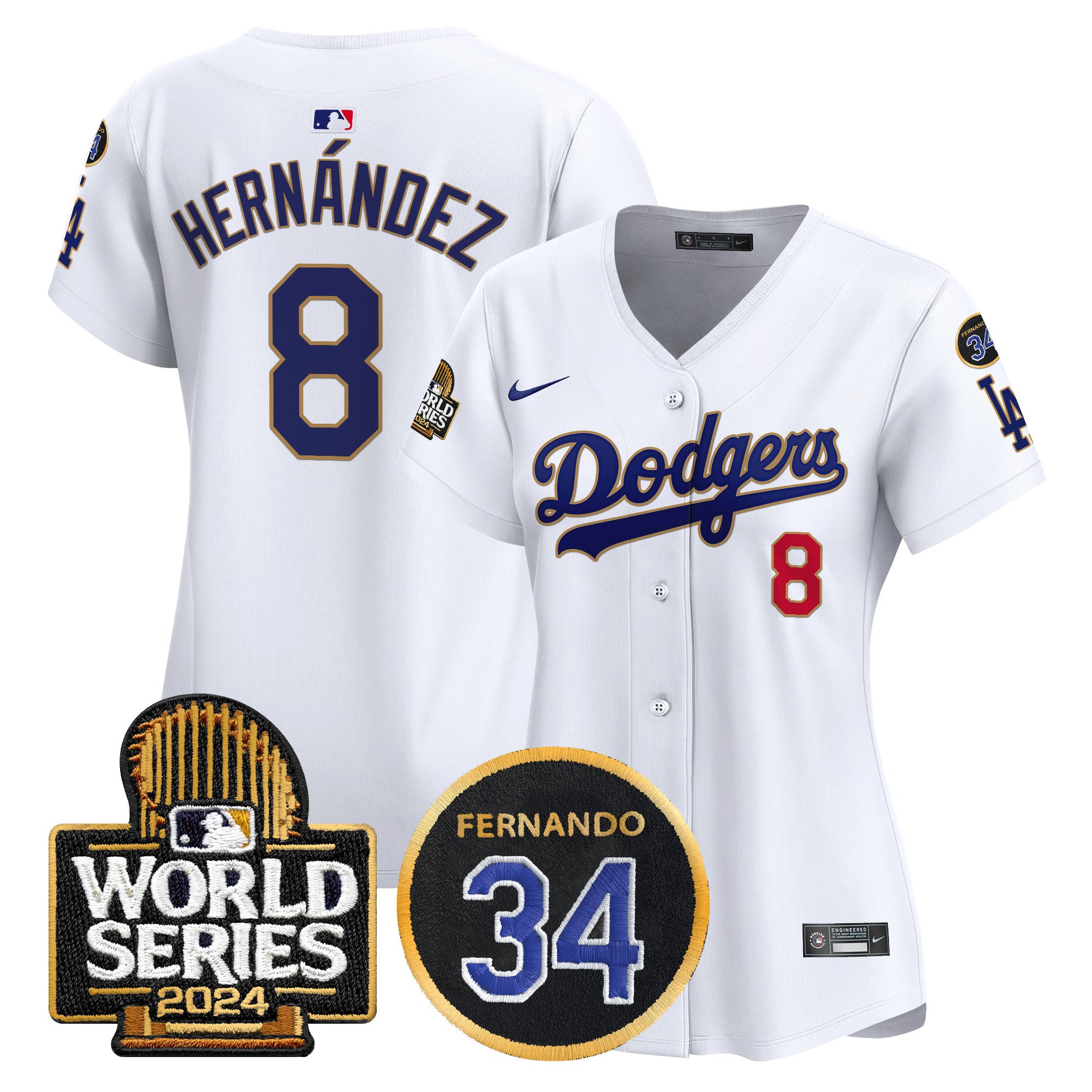Women's Dodgers Fernando Memorial & 2024 World Series Patch Vapor Premier Limited Jersey - All Stitched - White, Kike Hernandez