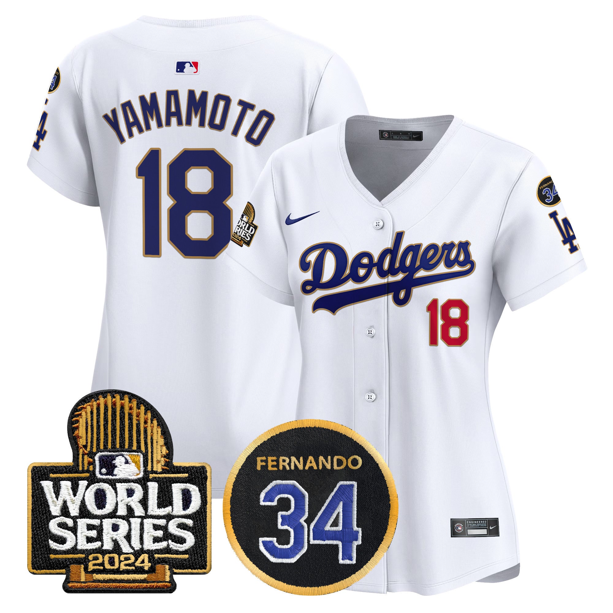 Women's Dodgers Fernando Memorial & 2024 World Series Patch Vapor Premier Limited Jersey - All Stitched - White, Yamamoto