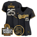 Women's Dodgers Fernando Memorial & 2024 World Series Patch Vapor Premier Limited Jersey - All Stitched - Black Gold, Tommy Edman