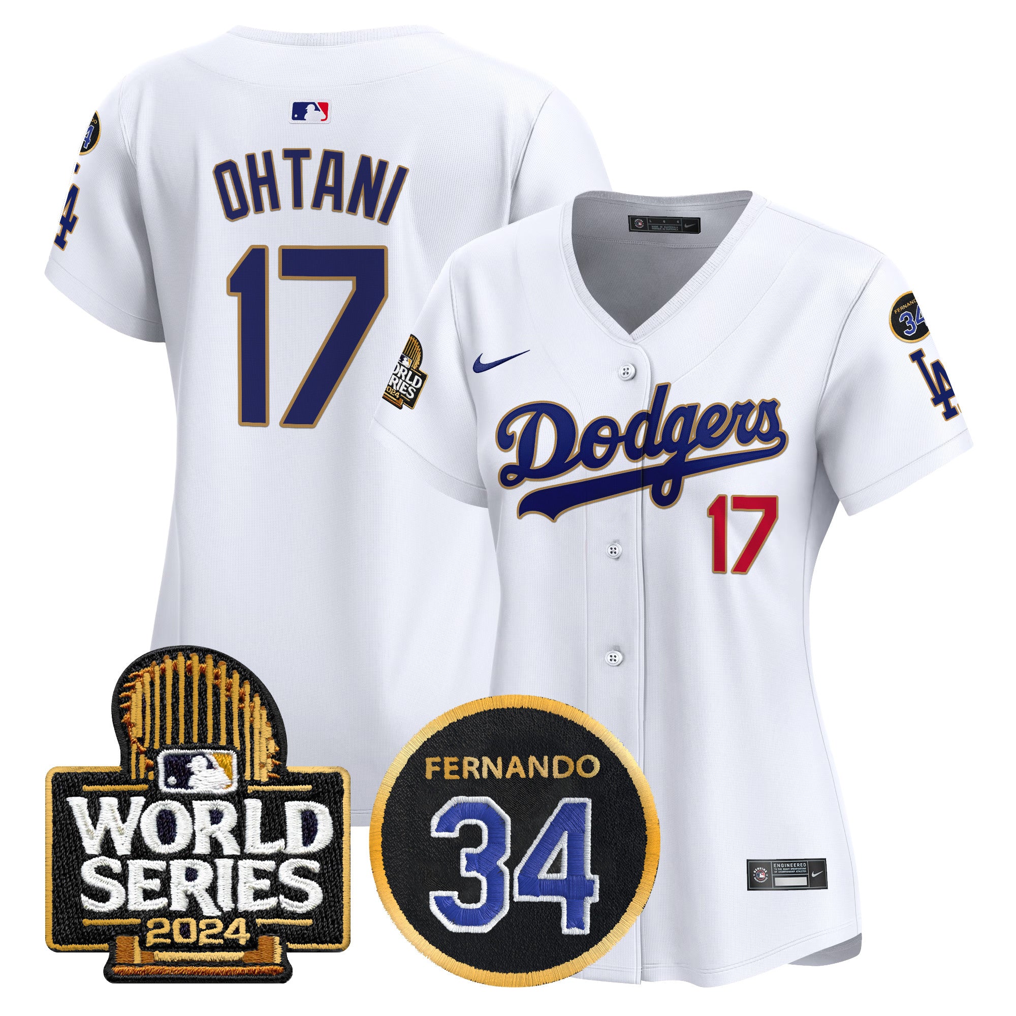 Women's Dodgers Fernando Memorial & 2024 World Series Patch Vapor Premier Limited Jersey - All Stitched - White, Shohei Ohtani