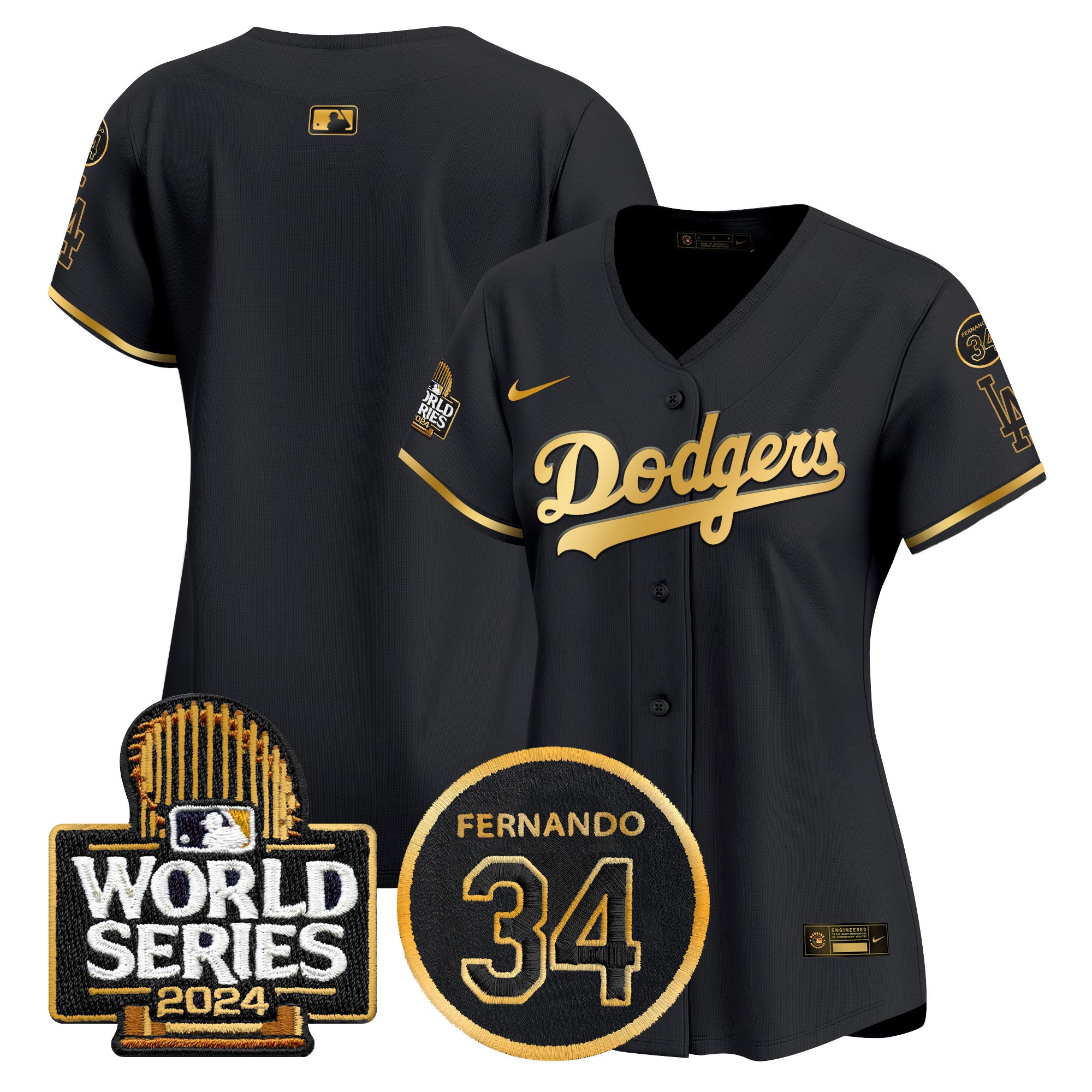 Women's Dodgers Fernando Memorial & 2024 World Series Patch Vapor Premier Limited Jersey - All Stitched - Black Gold, Team