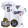 Women's Dodgers Fernando Memorial & 2024 World Series Patch Vapor Premier Limited Jersey - All Stitched - White, Freddie Freeman