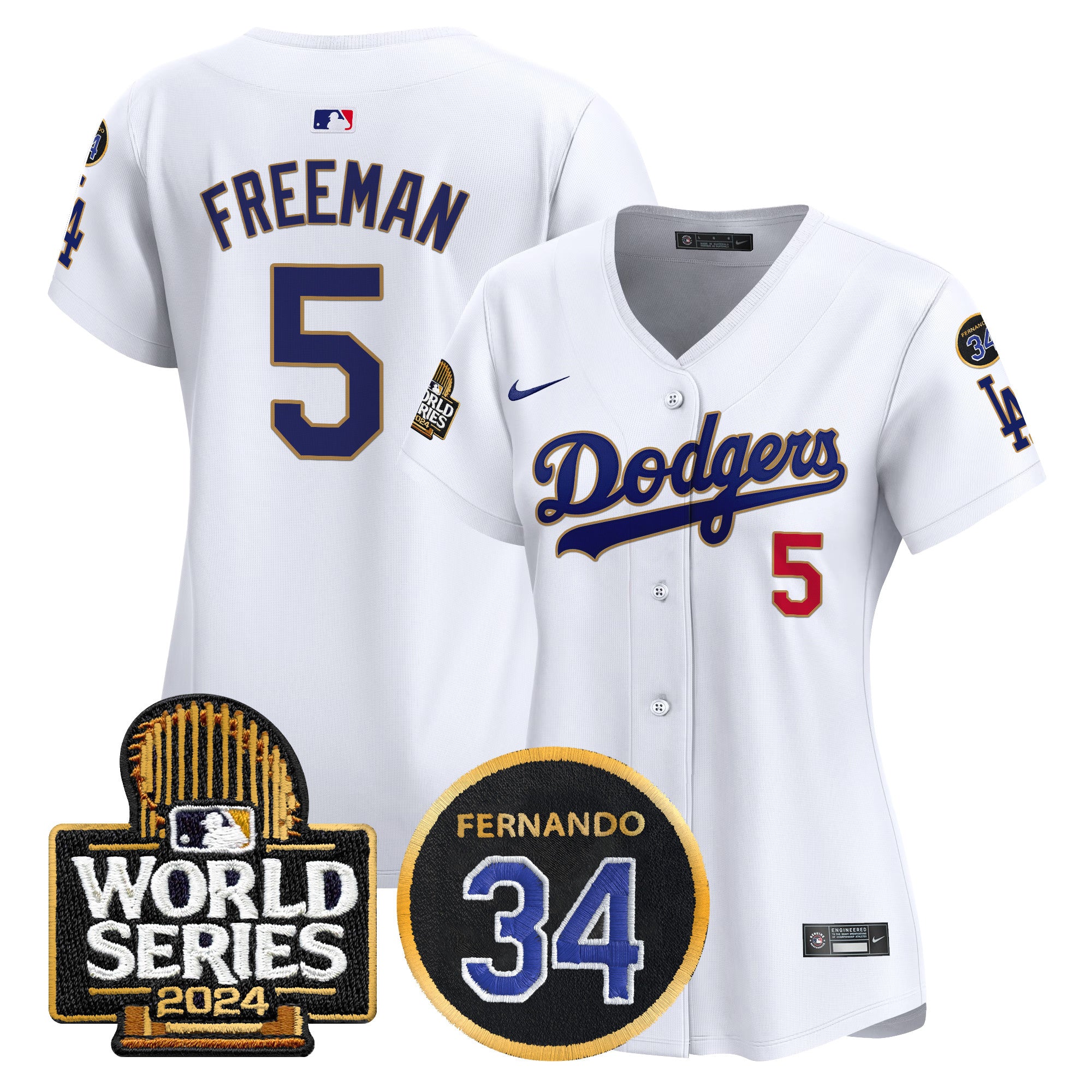 Women's Dodgers Fernando Memorial & 2024 World Series Patch Vapor Premier Limited Jersey - All Stitched - White, Freddie Freeman