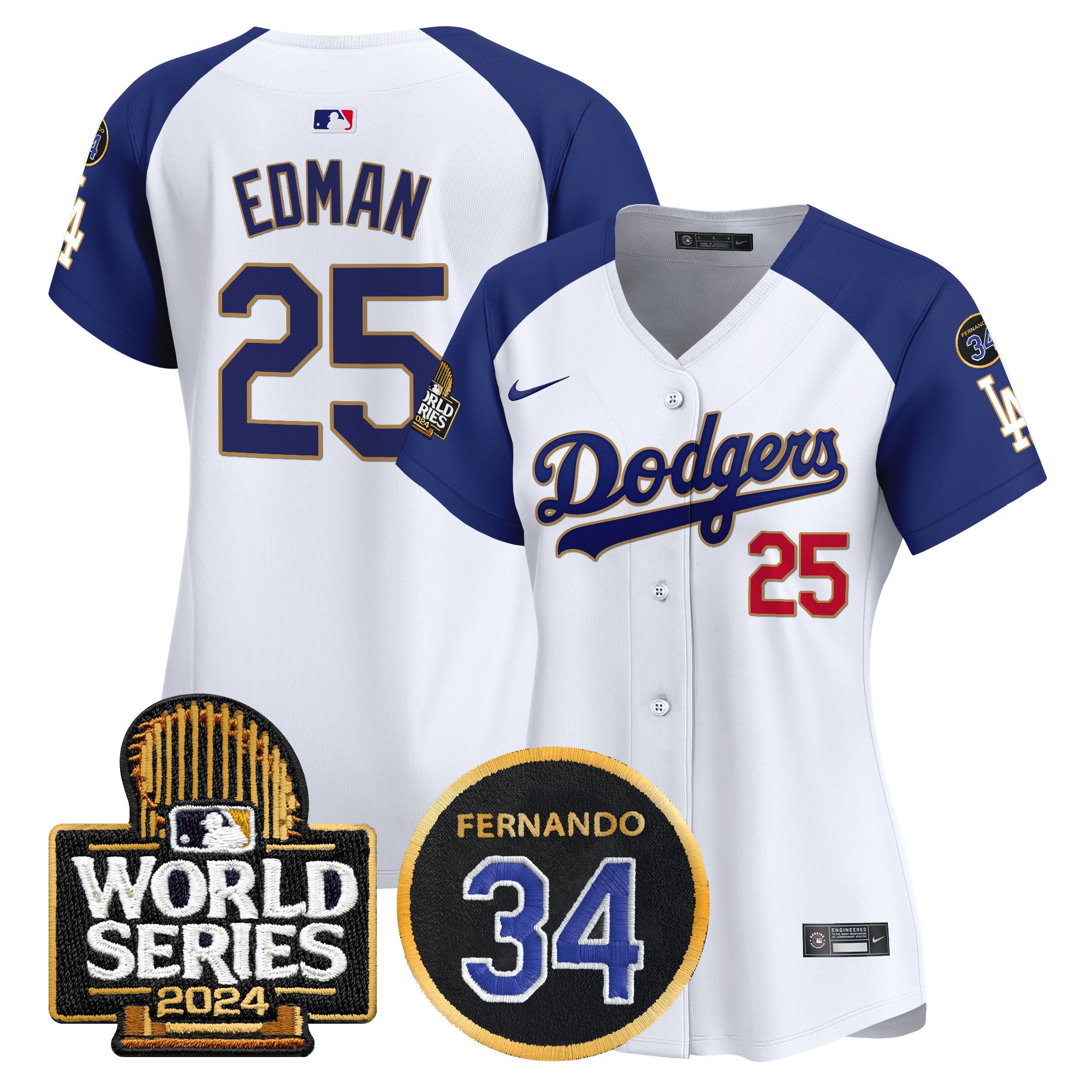 Women's Dodgers Fernando Memorial & 2024 World Series Patch Vapor Premier Limited Jersey - All Stitched - White Alternate, Tommy Edman
