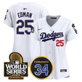 Women's Dodgers Fernando Memorial & 2024 World Series Patch Vapor Premier Limited Jersey - All Stitched - White, Tommy Edman