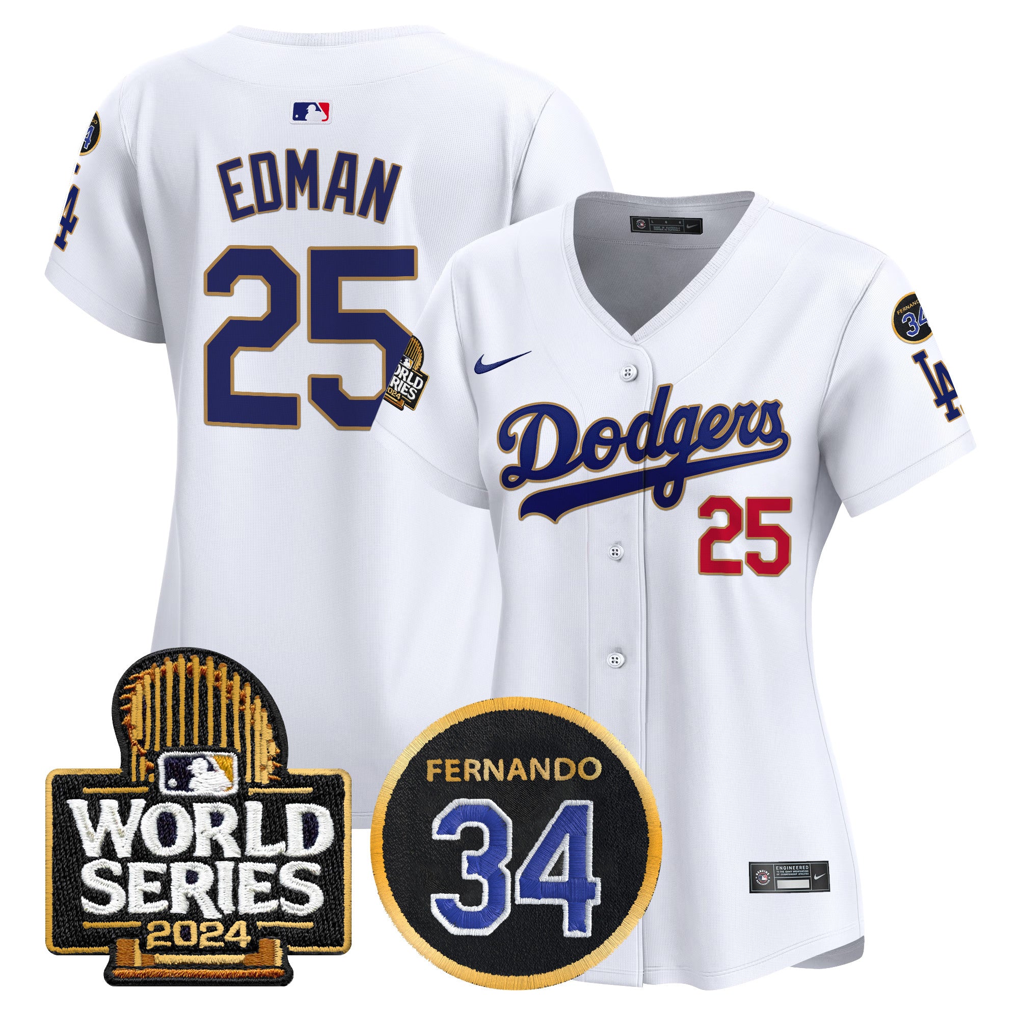 Women's Dodgers Fernando Memorial & 2024 World Series Patch Vapor Premier Limited Jersey - All Stitched - White, Tommy Edman