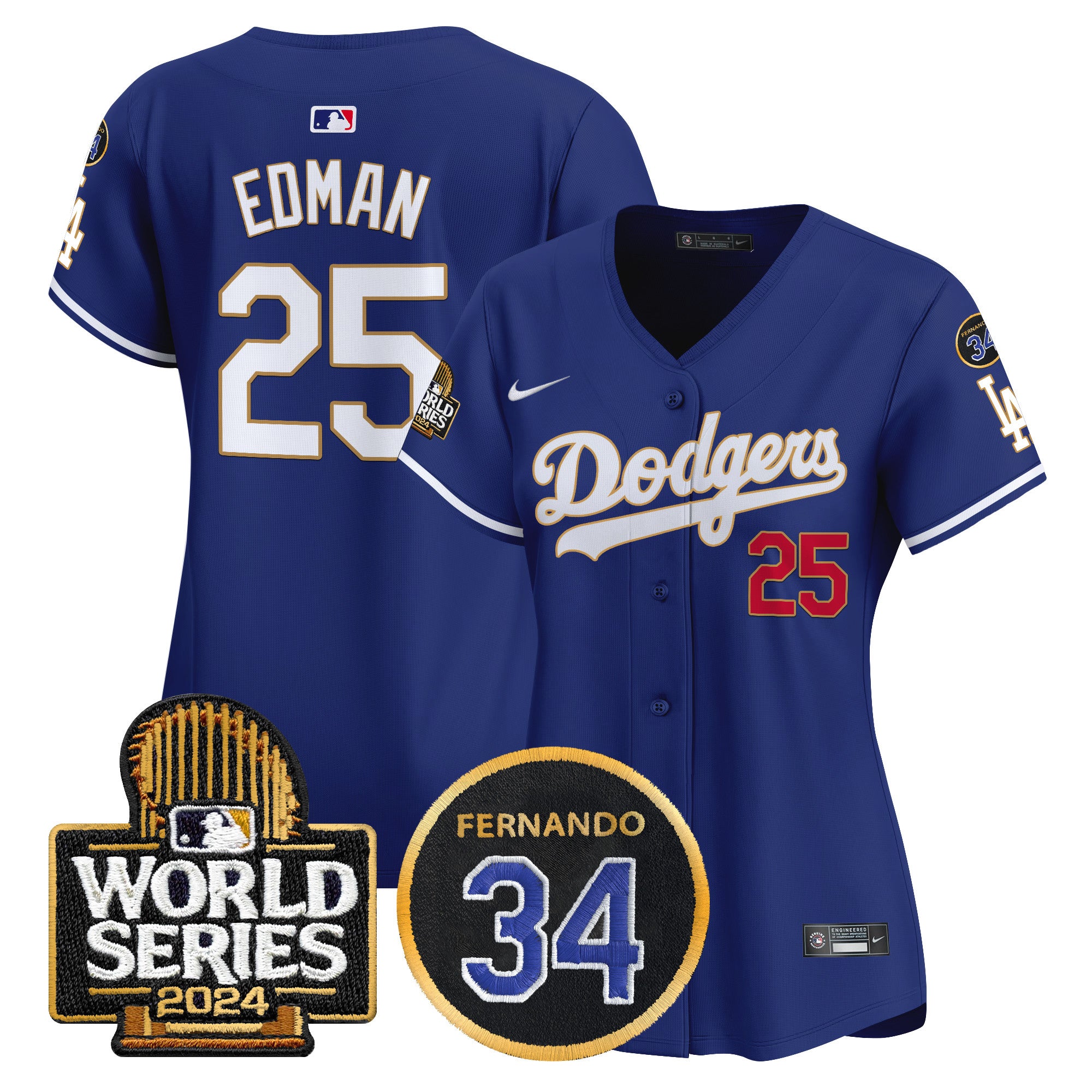 Women's Dodgers Fernando Memorial & 2024 World Series Patch Vapor Premier Limited Jersey - All Stitched - Royal, Tommy Edman