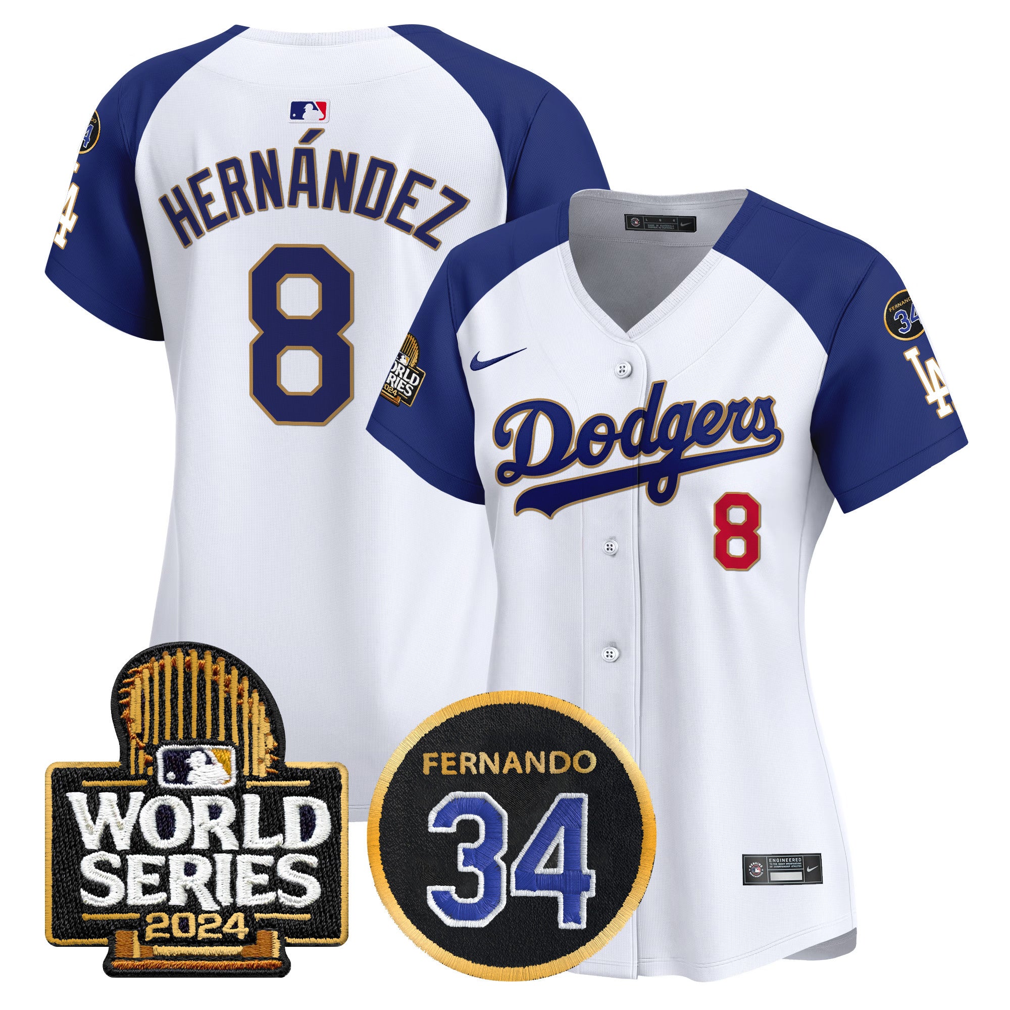 Women's Dodgers Fernando Memorial & 2024 World Series Patch Vapor Premier Limited Jersey - All Stitched - White Alternate, Kike Hernandez