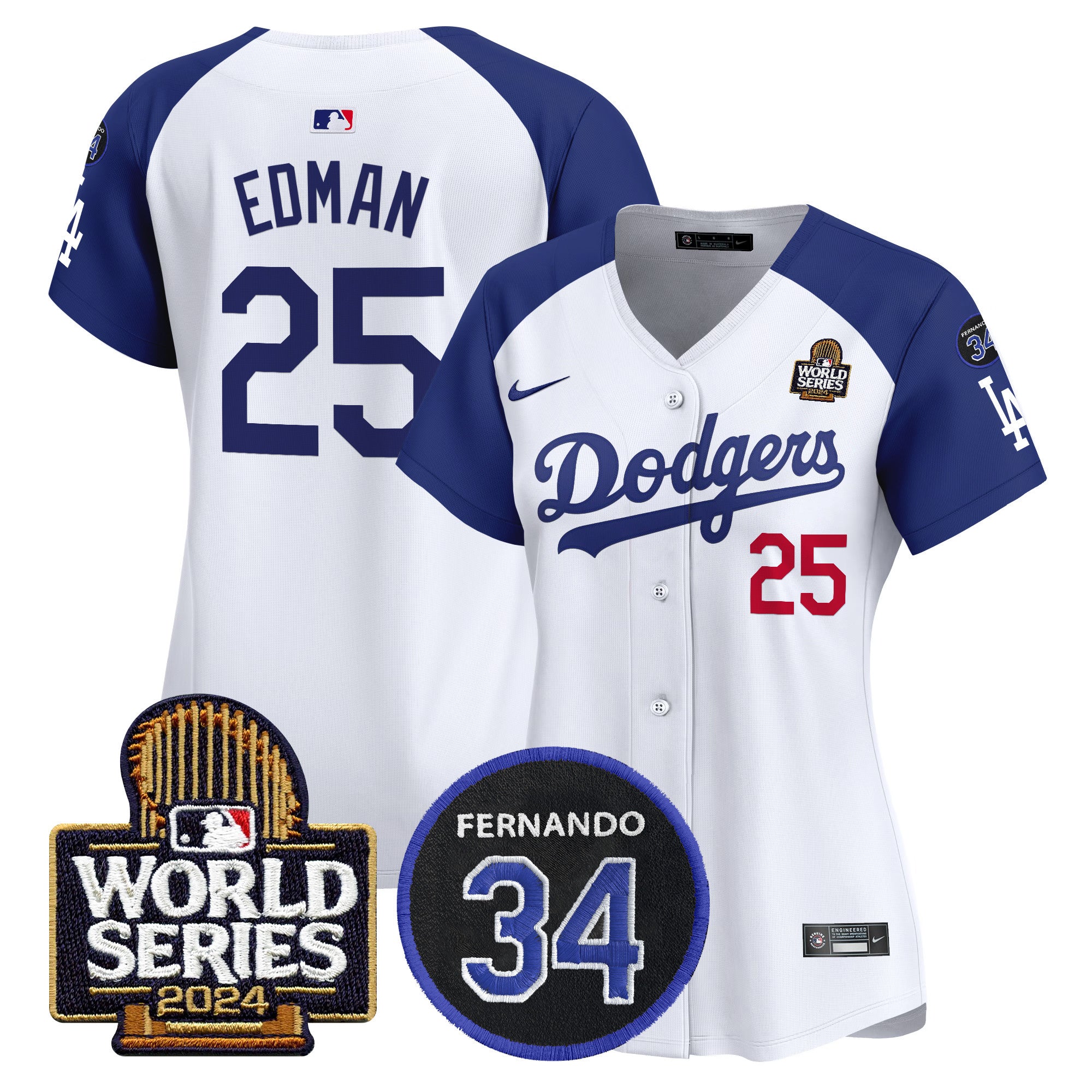 Women's Dodgers Fernando Memorial & 2024 World Series Patch Vapor Premier Limited Jersey V2 - All Stitched - Alternate White, Tommy Edman