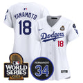 Women's Dodgers Fernando Memorial & 2024 World Series Patch Vapor Premier Limited Jersey V2 - All Stitched - White, Yamamoto