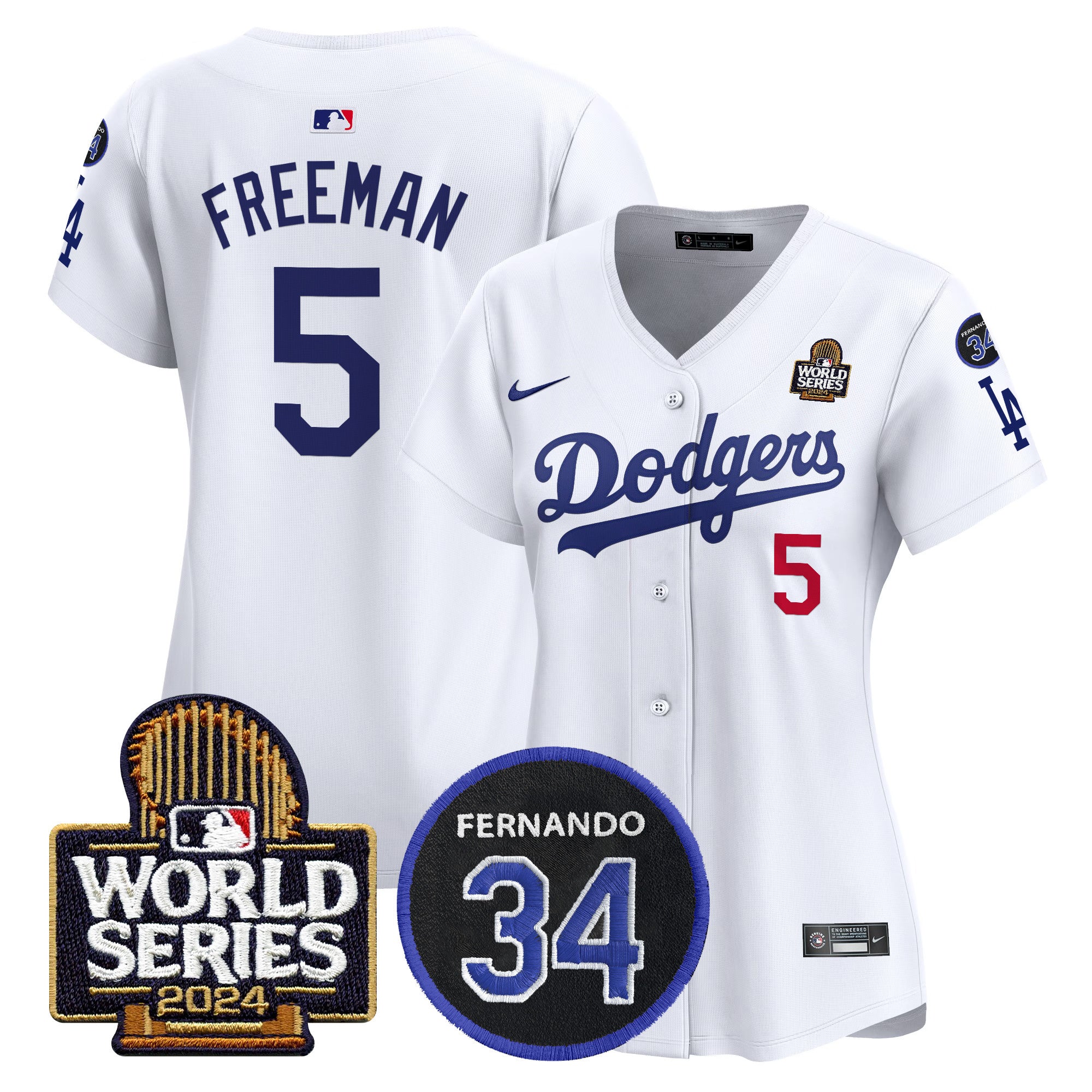 Women's Dodgers Fernando Memorial & 2024 World Series Patch Vapor Premier Limited Jersey V2 - All Stitched - White, Freddie Freeman