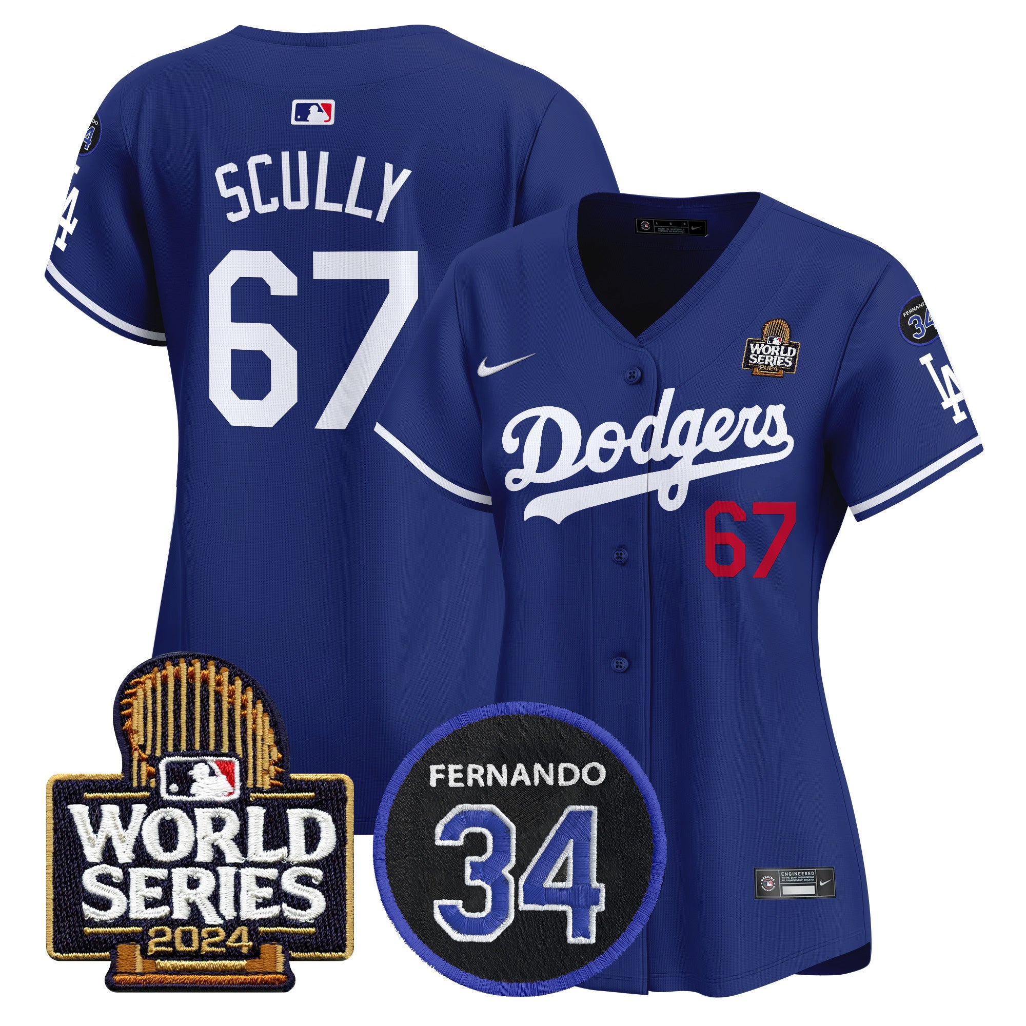 Women's Dodgers Fernando Memorial & 2024 World Series Patch Vapor Premier Limited Jersey V2 - All Stitched - Royal, Vin Scully