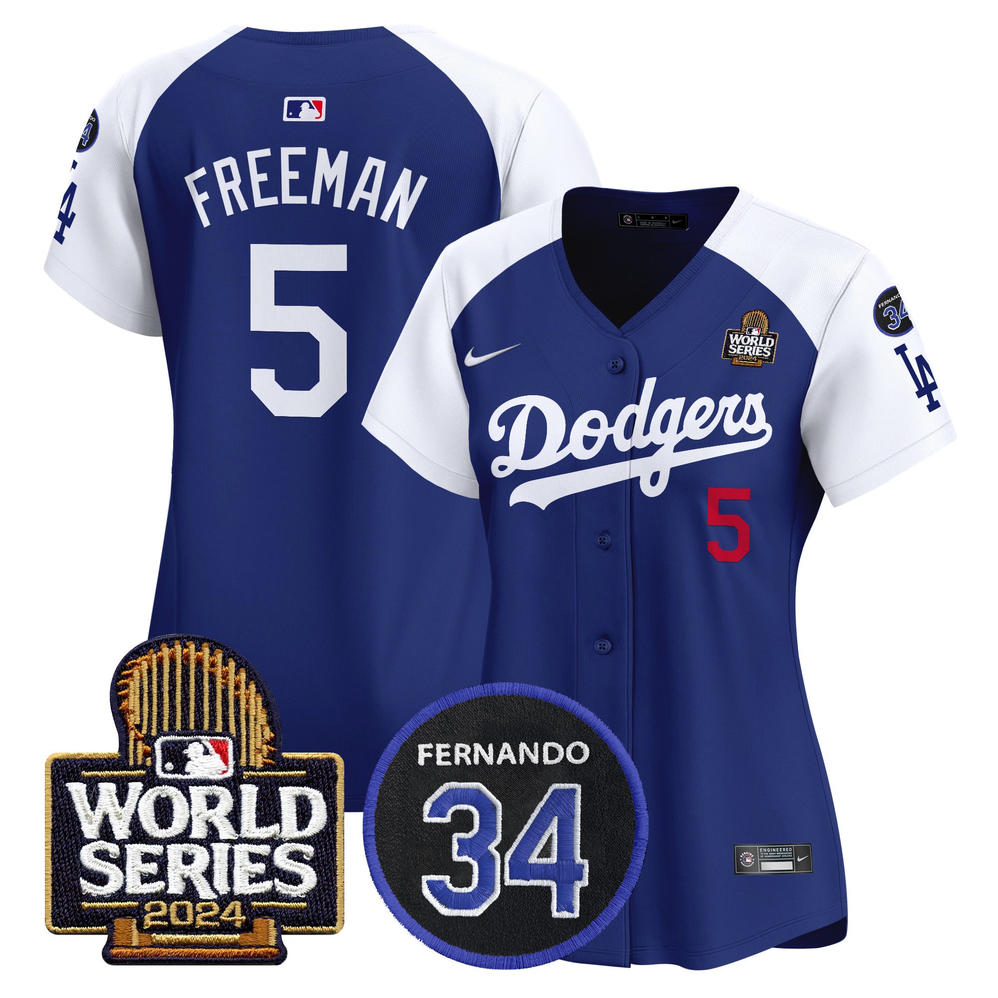 Women's Dodgers Fernando Memorial & 2024 World Series Patch Vapor Premier Limited Jersey V2 - All Stitched - Alternate Royal, Freddie Freeman