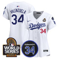 Women's Dodgers Fernando Memorial & 2024 World Series Patch Vapor Premier Limited Jersey V2 - All Stitched - White, Fernando Valenzuela