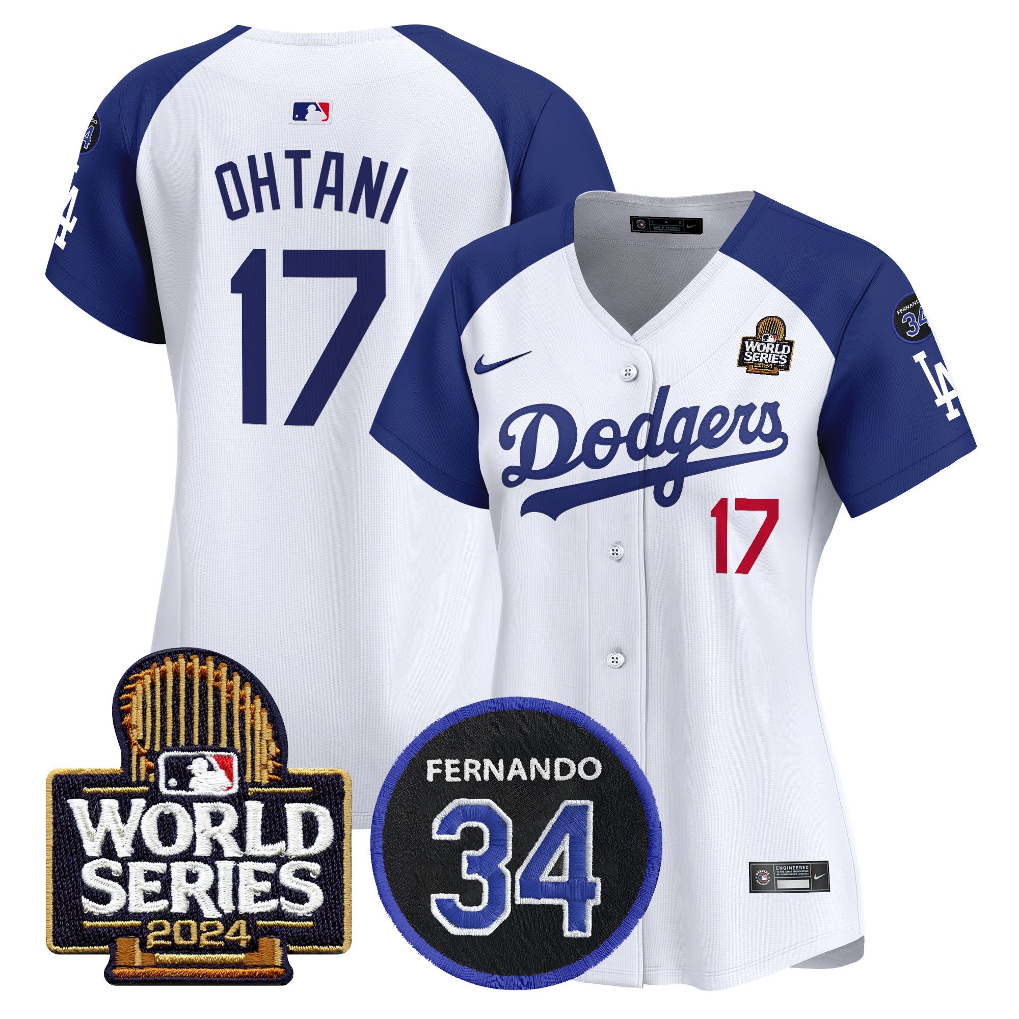 Women's Dodgers Fernando Memorial & 2024 World Series Patch Vapor Premier Limited Jersey V2 - All Stitched - Alternate White, Shohei Ohtani