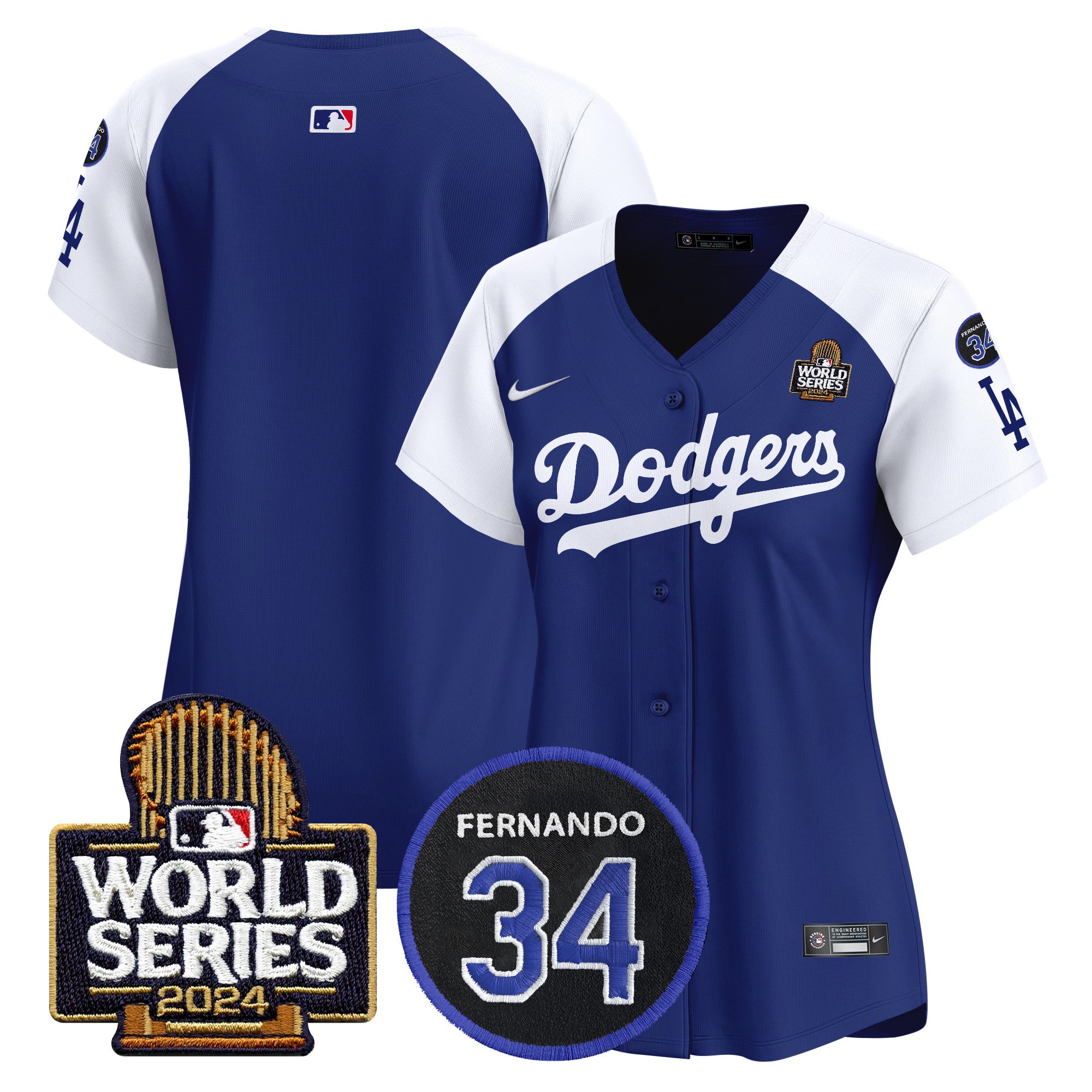 Women's Dodgers Fernando Memorial & 2024 World Series Patch Vapor Premier Limited Jersey V2 - All Stitched - Alternate Royal, Team