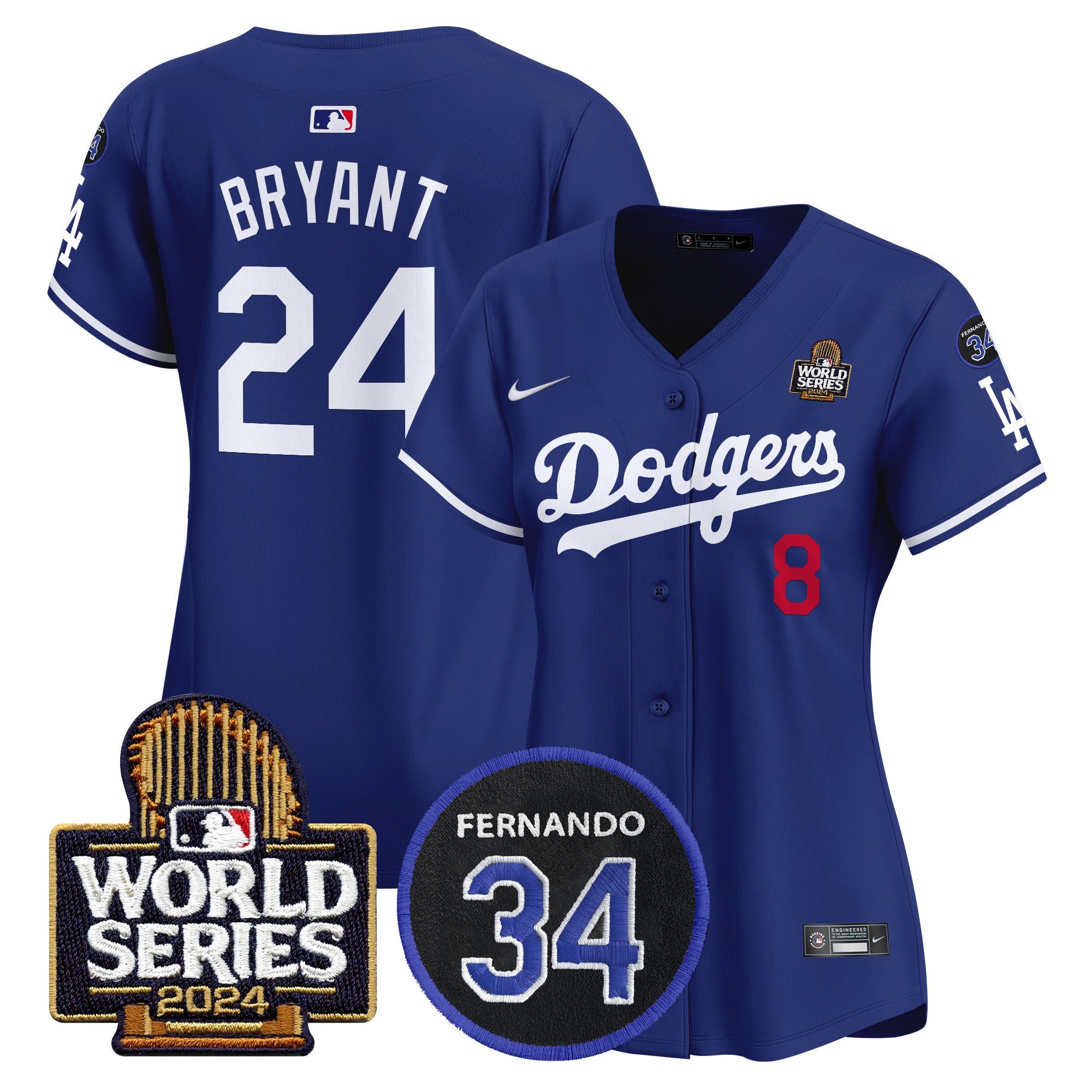 Women's Dodgers Fernando Memorial & 2024 World Series Patch Vapor Premier Limited Jersey V2 - All Stitched - Royal, Kobe Bryant