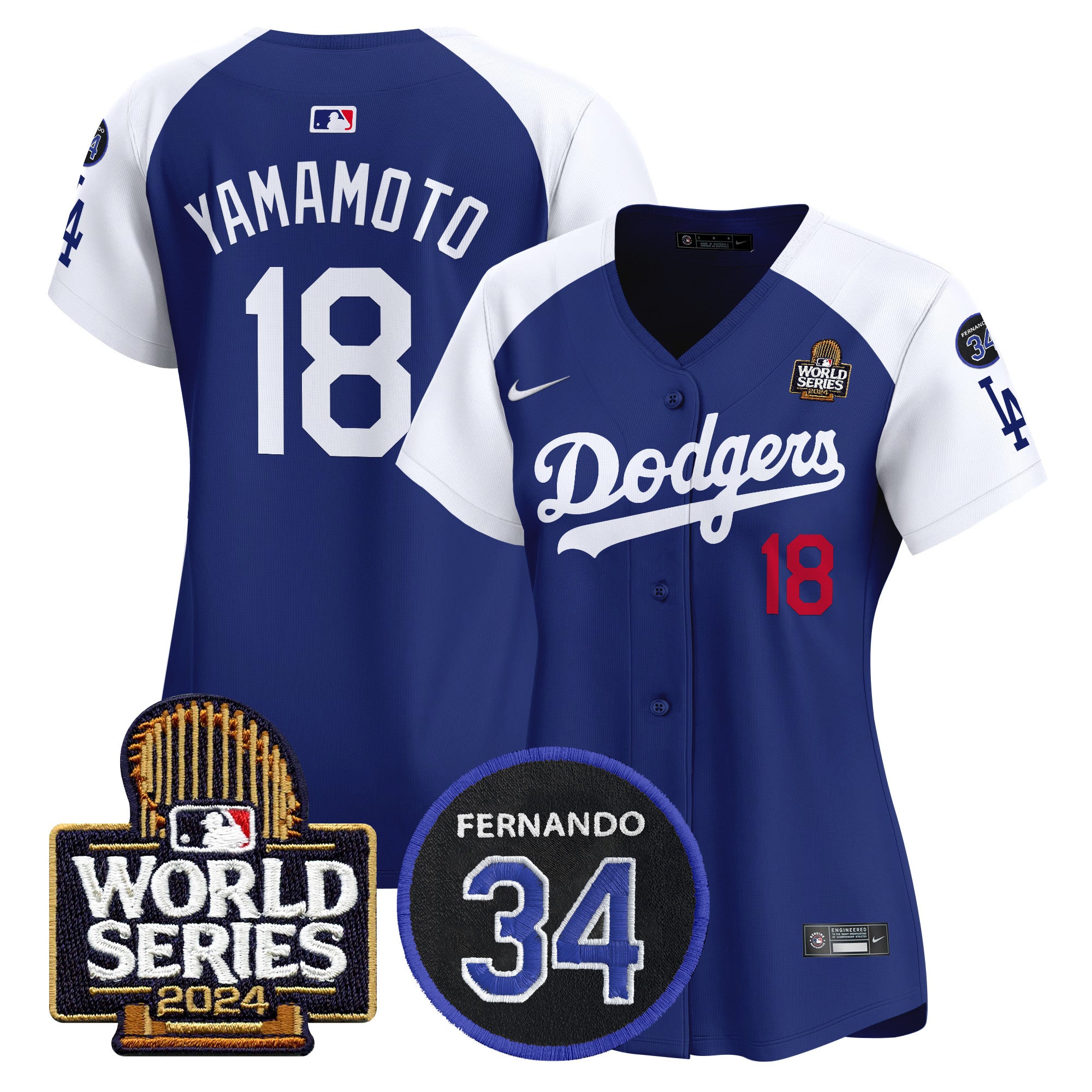 Women's Dodgers Fernando Memorial & 2024 World Series Patch Vapor Premier Limited Jersey V2 - All Stitched - Alternate Royal, Yamamoto