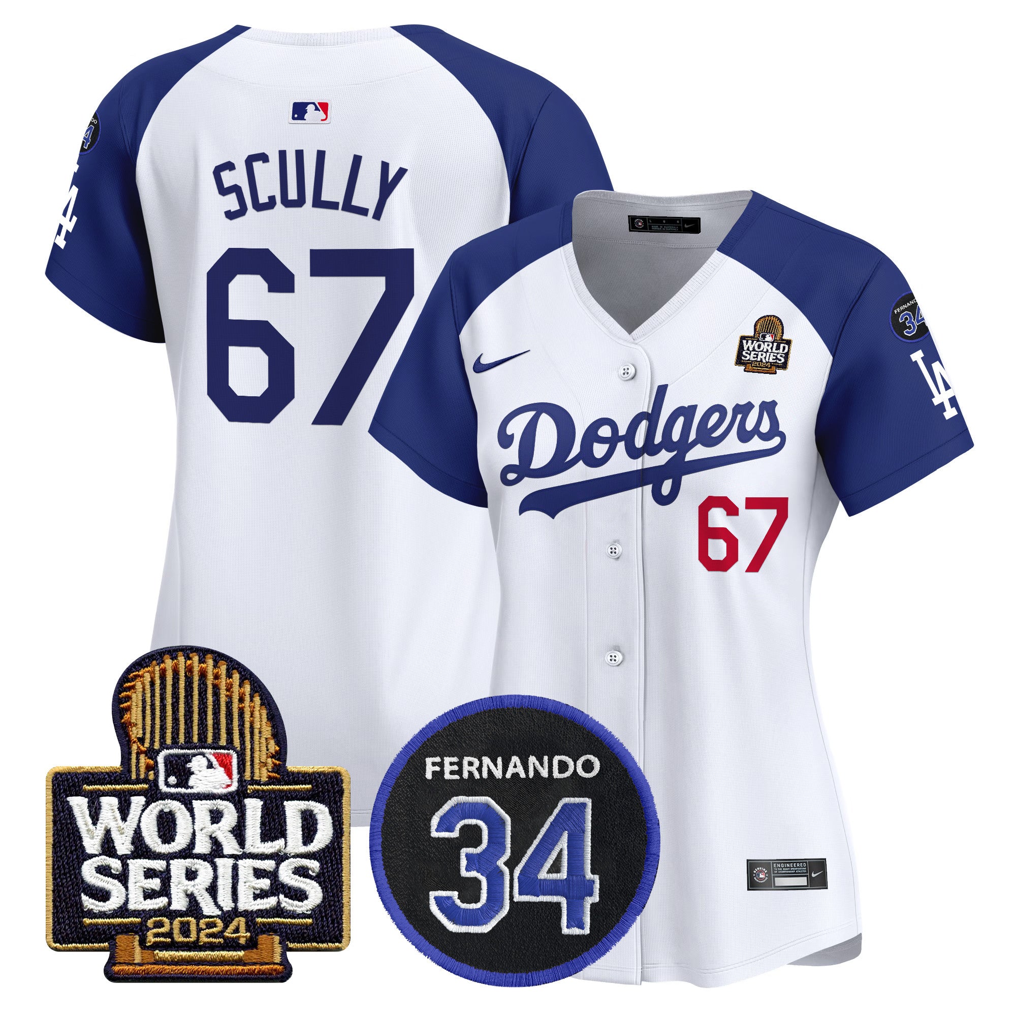 Women's Dodgers Fernando Memorial & 2024 World Series Patch Vapor Premier Limited Jersey V2 - All Stitched - Alternate White, Vin Scully