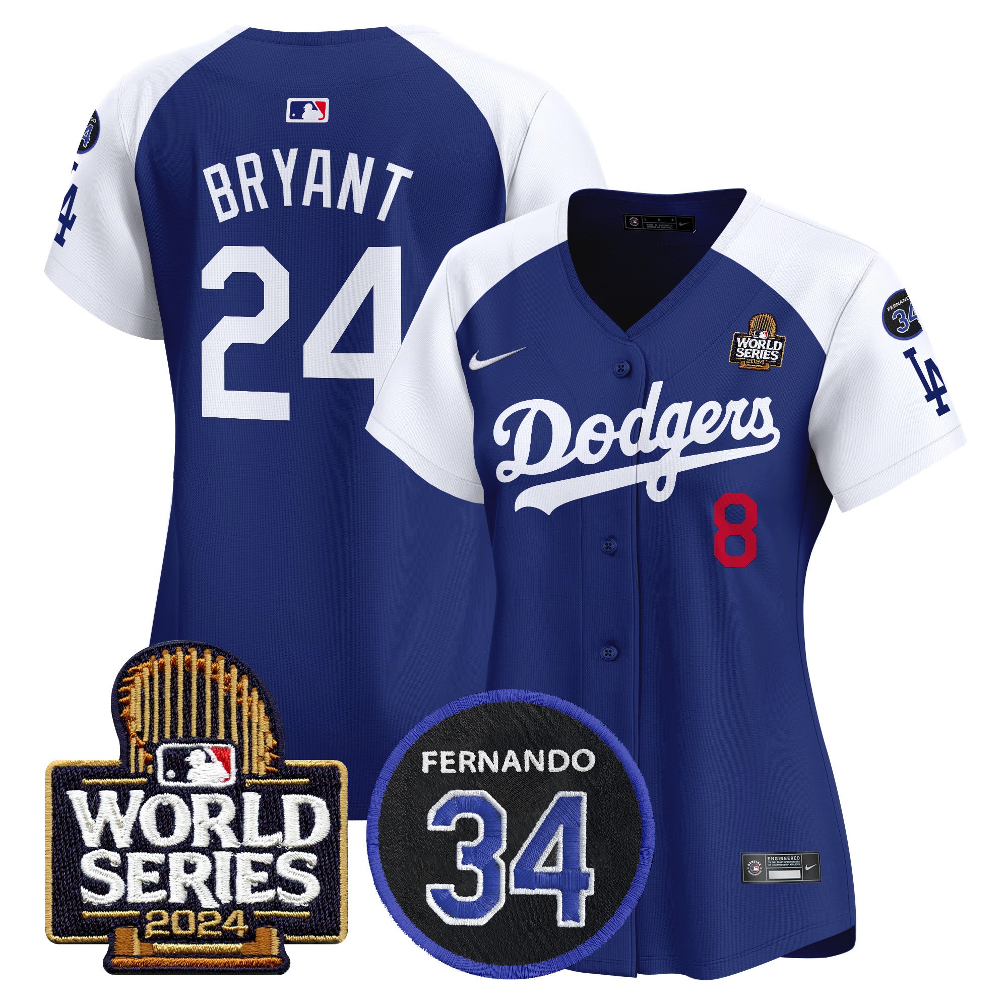 Women's Dodgers Fernando Memorial & 2024 World Series Patch Vapor Premier Limited Jersey V2 - All Stitched - Alternate Royal, Kobe Bryant