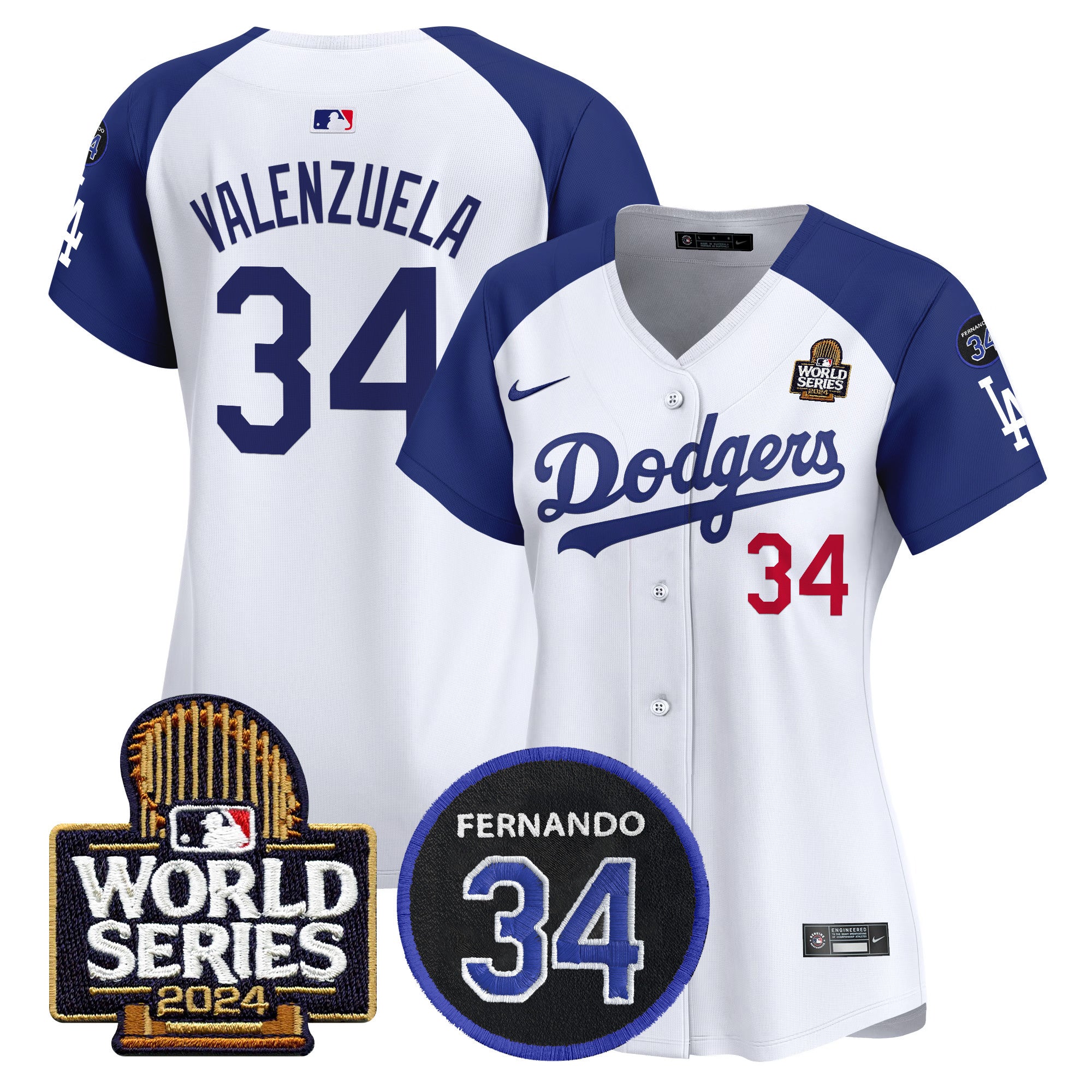 Women's Dodgers Fernando Memorial & 2024 World Series Patch Vapor Premier Limited Jersey V2 - All Stitched - Alternate White, Fernando Valenzuela