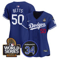 Women's Dodgers Fernando Memorial & 2024 World Series Patch Vapor Premier Limited Jersey V2 - All Stitched - Royal, Mookie Betts