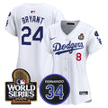Women's Dodgers Fernando Memorial & 2024 World Series Patch Vapor Premier Limited Jersey V2 - All Stitched - White, Kobe Bryant