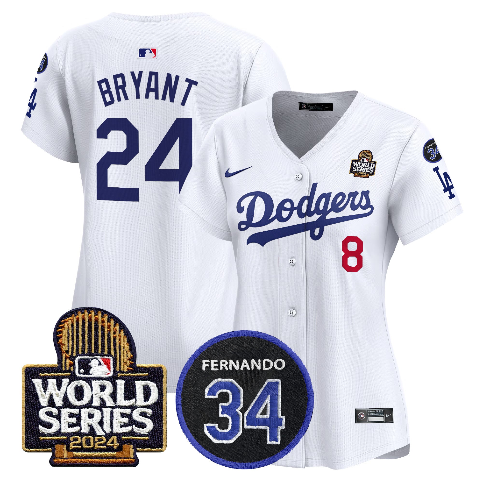 Women's Dodgers Fernando Memorial & 2024 World Series Patch Vapor Premier Limited Jersey V2 - All Stitched - White, Kobe Bryant