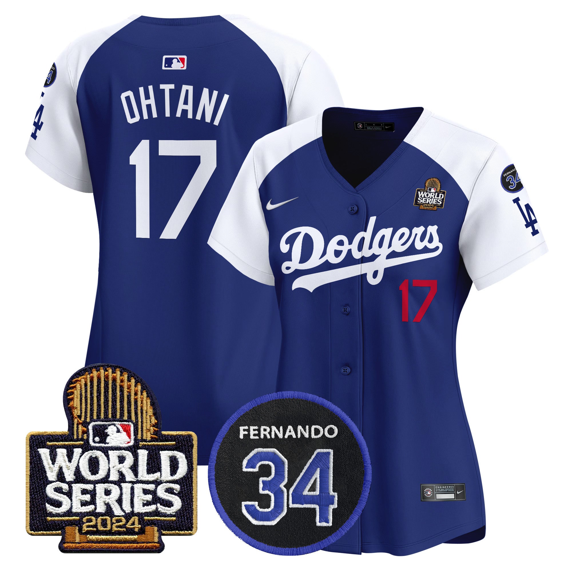 Women's Dodgers Fernando Memorial & 2024 World Series Patch Vapor Premier Limited Jersey V2 - All Stitched - Alternate Royal, Shohei Ohtani