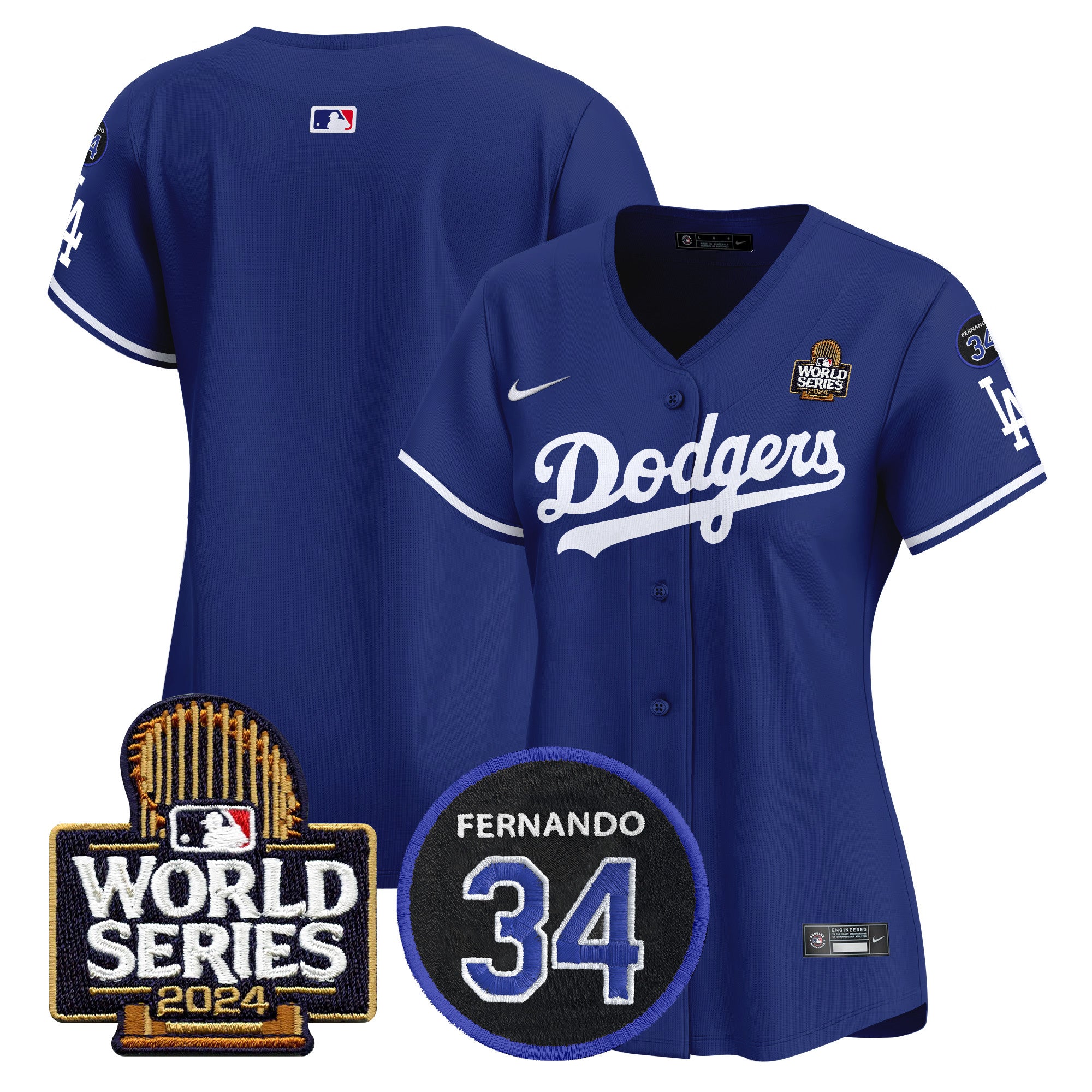 Women's Dodgers Fernando Memorial & 2024 World Series Patch Vapor Premier Limited Jersey V2 - All Stitched - Royal, Team