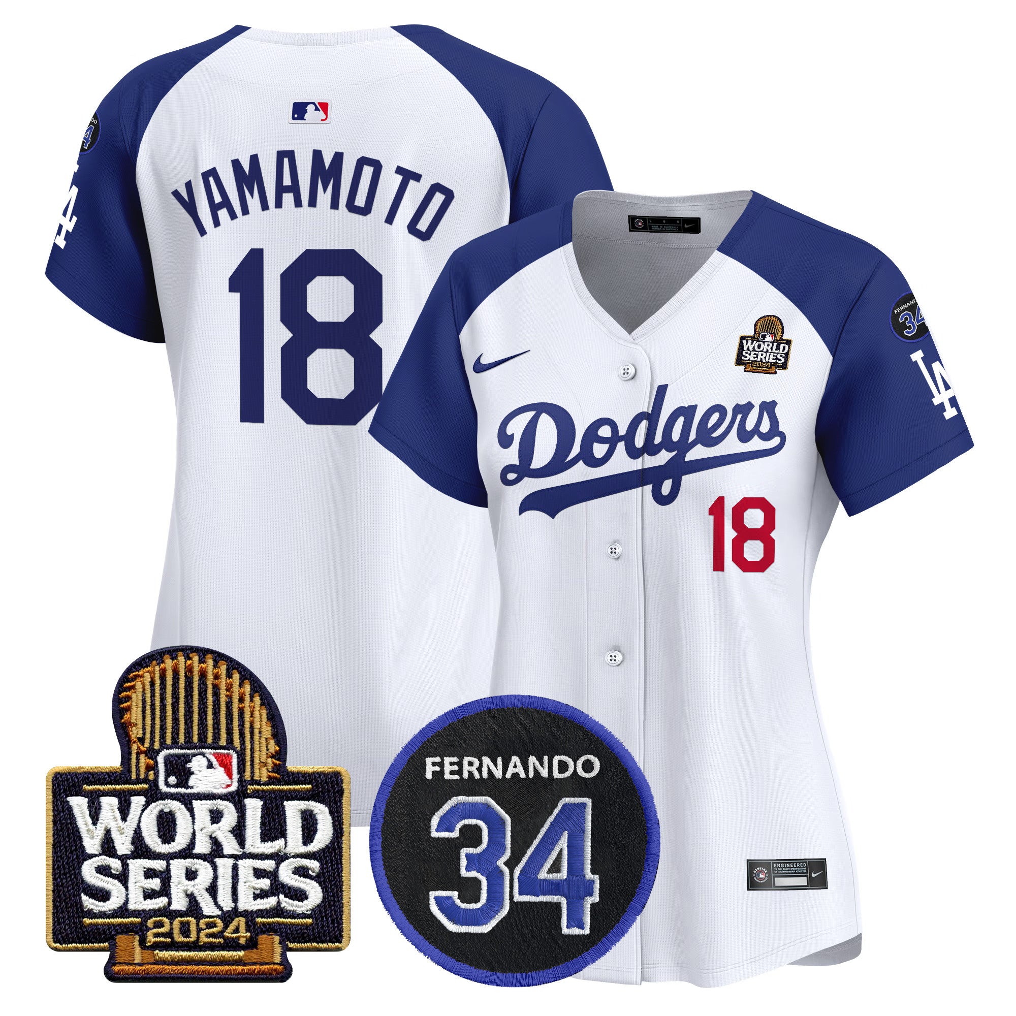 Women's Dodgers Fernando Memorial & 2024 World Series Patch Vapor Premier Limited Jersey V2 - All Stitched - Alternate White, Yamamoto