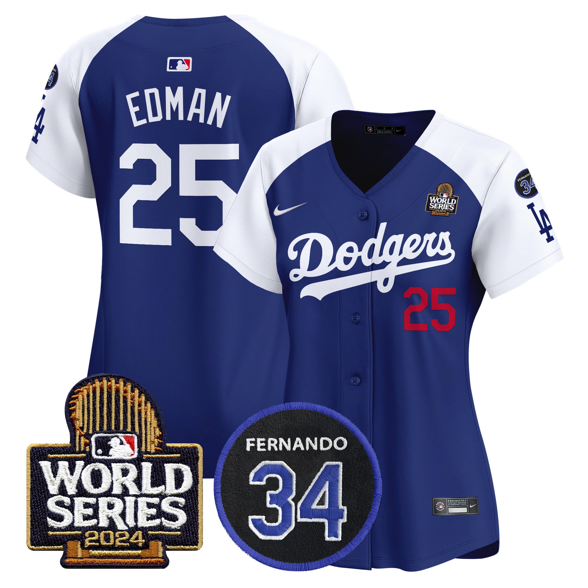 Women's Dodgers Fernando Memorial & 2024 World Series Patch Vapor Premier Limited Jersey V2 - All Stitched - Alternate Royal, Tommy Edman