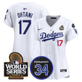 Women's Dodgers Fernando Memorial & 2024 World Series Patch Vapor Premier Limited Jersey V2 - All Stitched - White, Shohei Ohtani