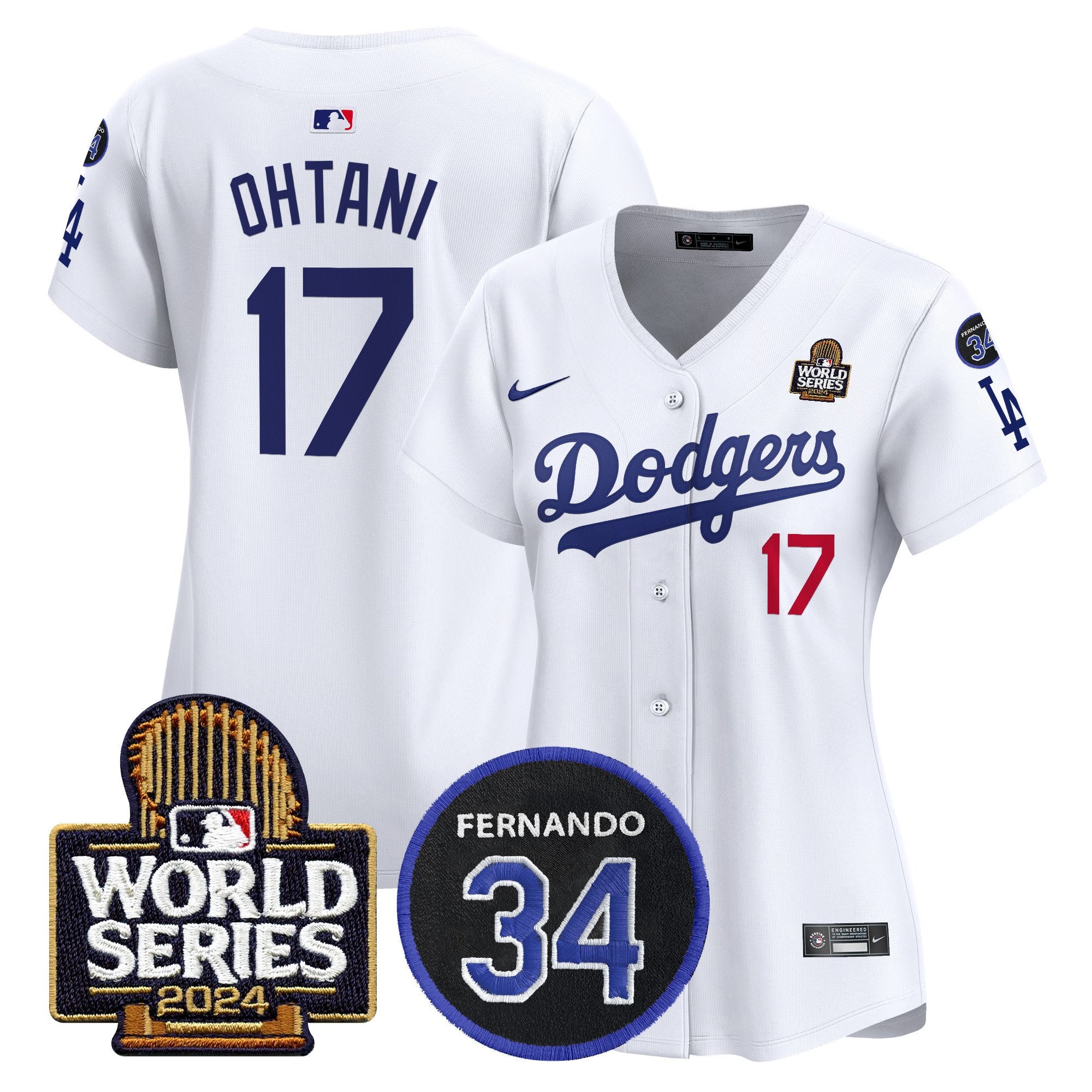 Women's Dodgers Fernando Memorial & 2024 World Series Patch Vapor Premier Limited Jersey V2 - All Stitched - White, Shohei Ohtani