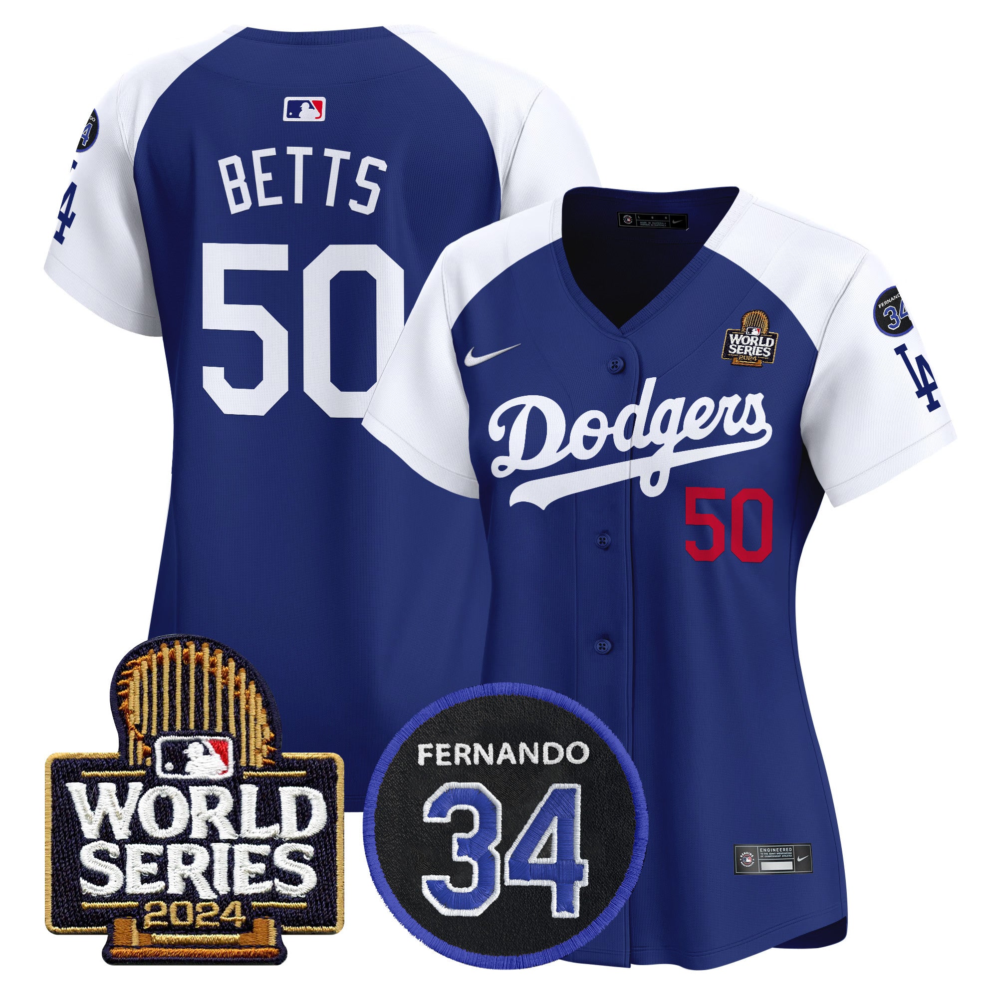 Women's Dodgers Fernando Memorial & 2024 World Series Patch Vapor Premier Limited Jersey V2 - All Stitched - Alternate Royal, Mookie Betts