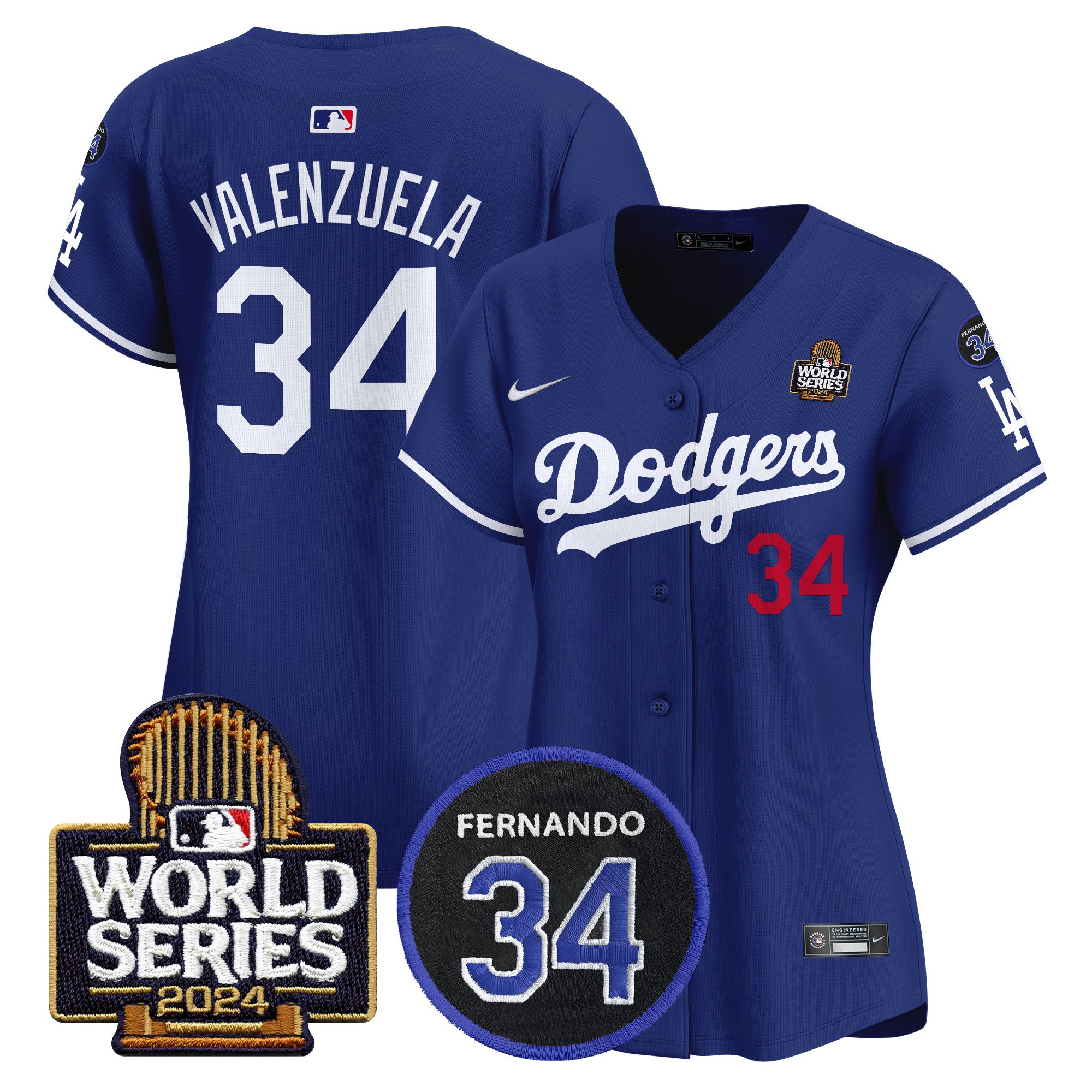 Women's Dodgers Fernando Memorial & 2024 World Series Patch Vapor Premier Limited Jersey V2 - All Stitched - Royal, Fernando Valenzuela