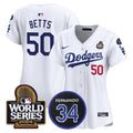 Women's Dodgers Fernando Memorial & 2024 World Series Patch Vapor Premier Limited Jersey V2 - All Stitched - White, Mookie Betts
