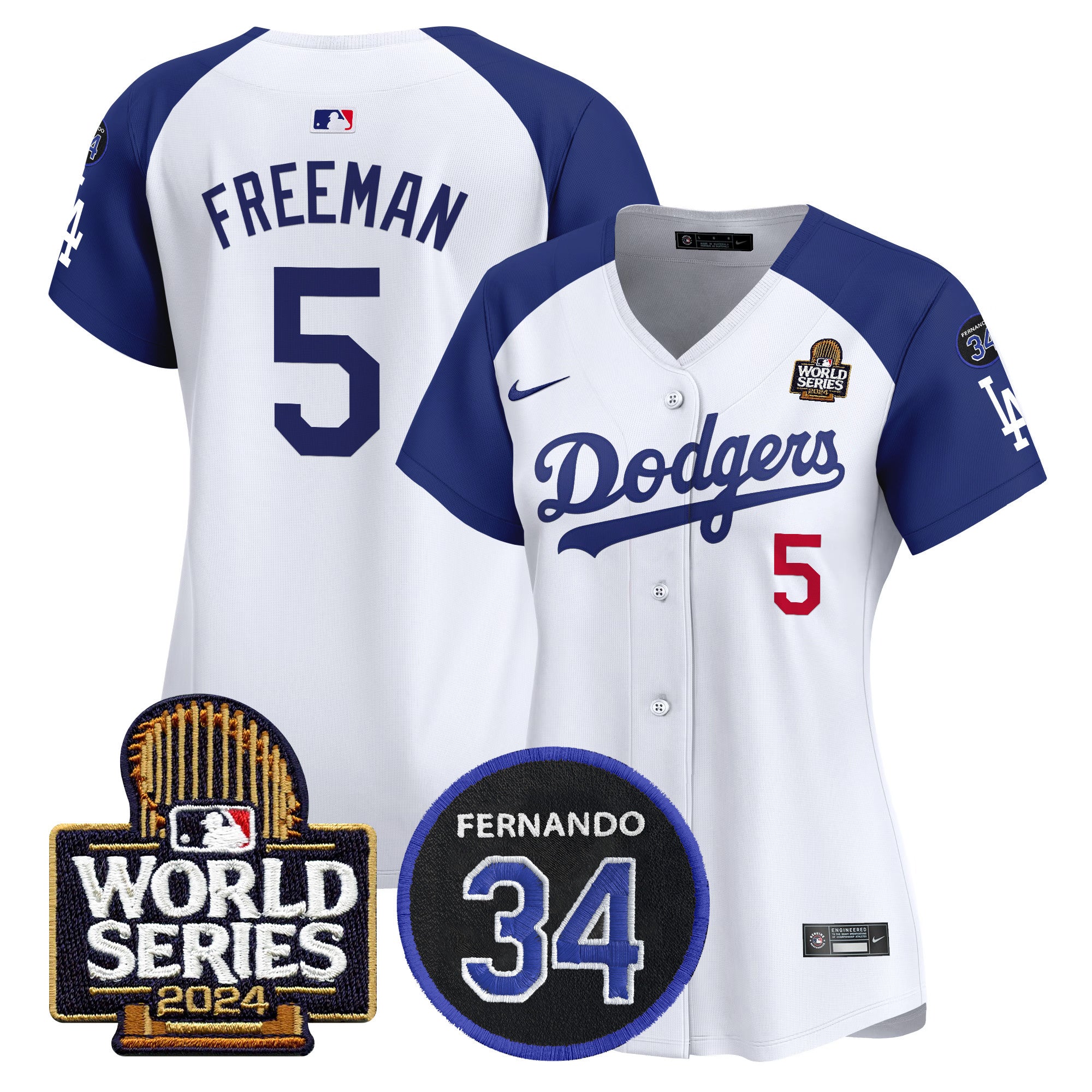 Women's Dodgers Fernando Memorial & 2024 World Series Patch Vapor Premier Limited Jersey V2 - All Stitched - Alternate White, Freddie Freeman
