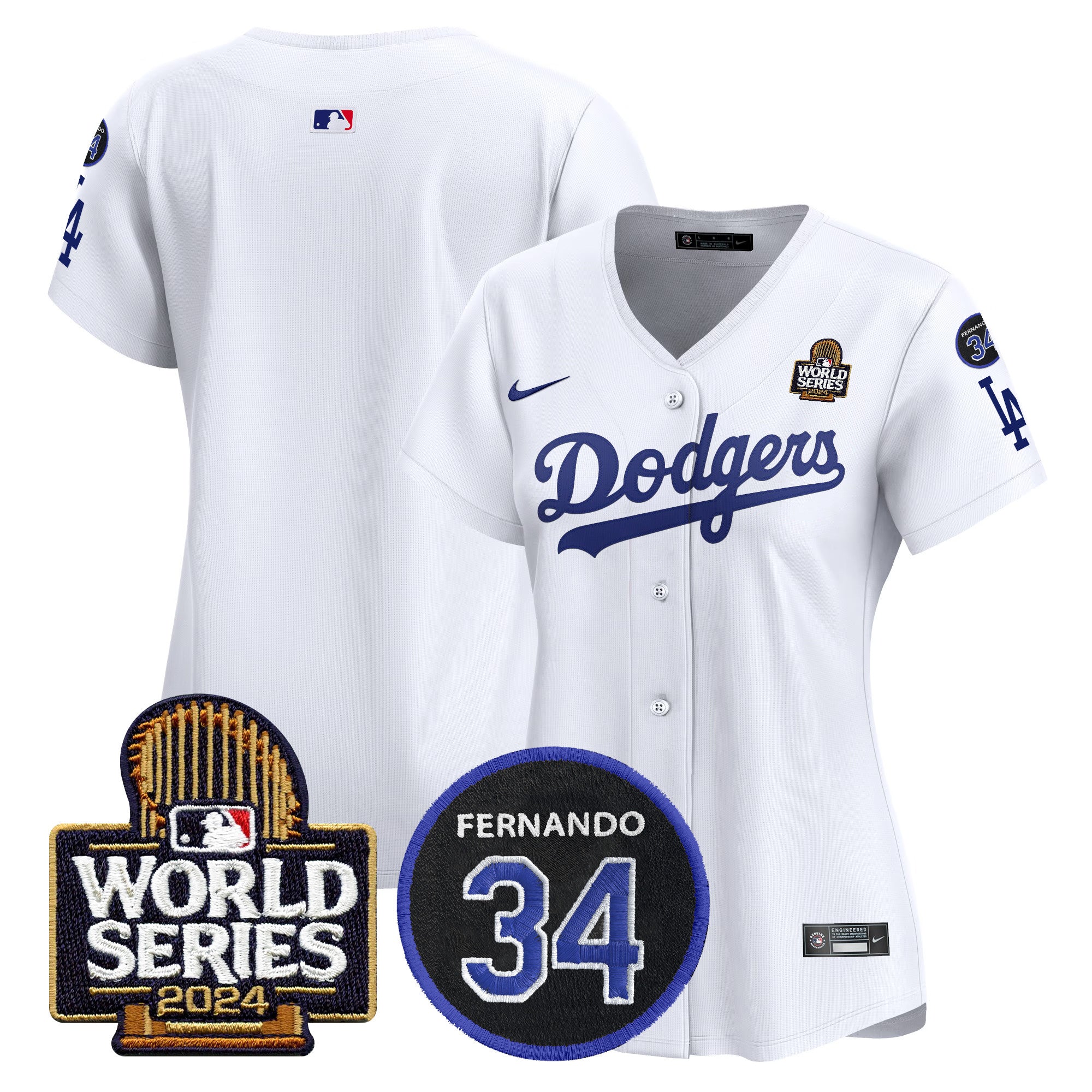 Women's Dodgers Fernando Memorial & 2024 World Series Patch Vapor Premier Limited Jersey V2 - All Stitched - White, Team