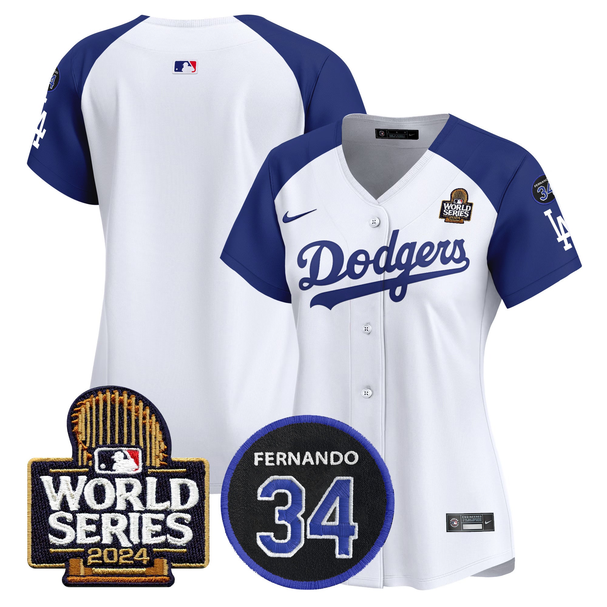 Women's Dodgers Fernando Memorial & 2024 World Series Patch Vapor Premier Limited Jersey V2 - All Stitched - Alternate White, Team