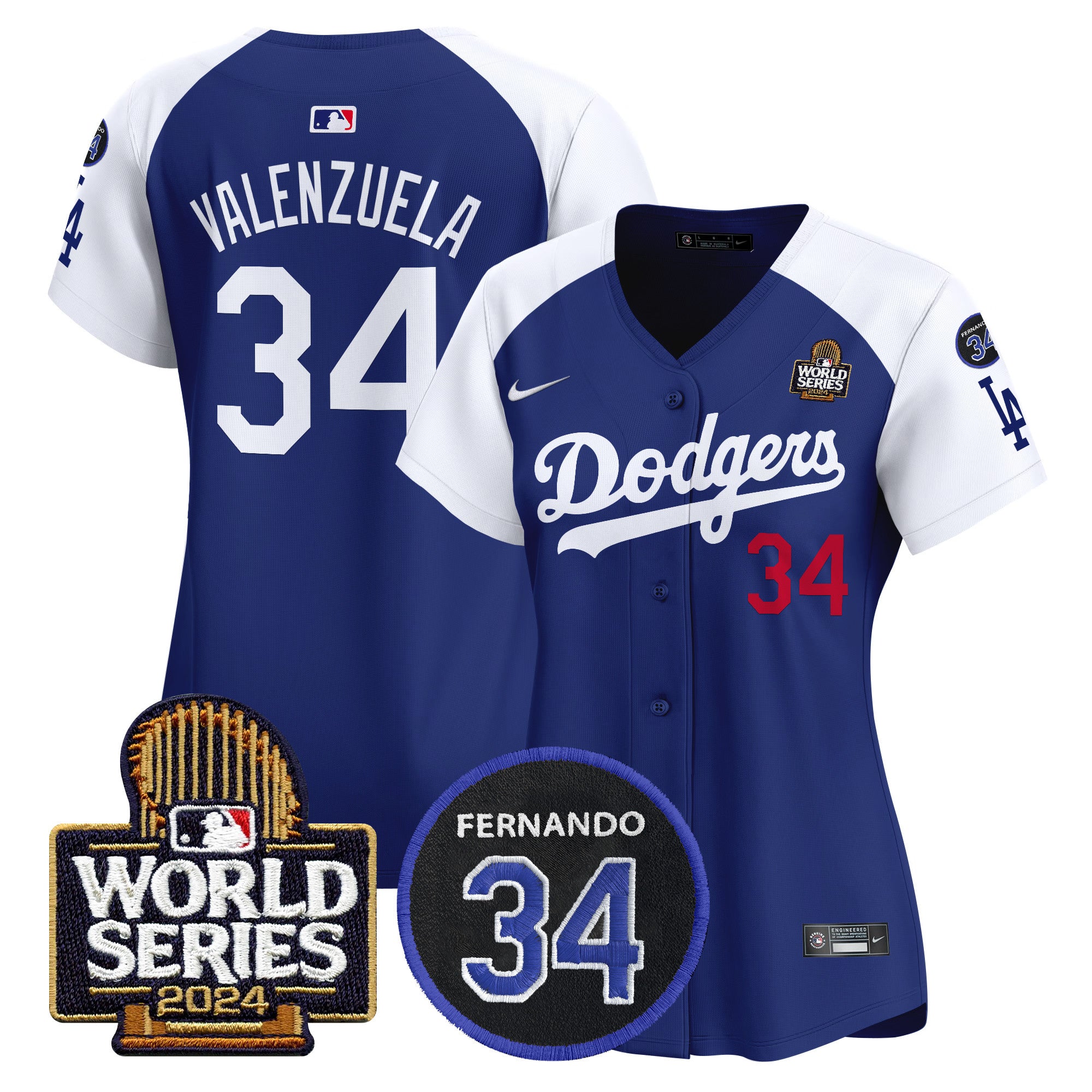 Women's Dodgers Fernando Memorial & 2024 World Series Patch Vapor Premier Limited Jersey V2 - All Stitched - Alternate Royal, Fernando Valenzuela