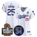 Women's Dodgers Fernando Memorial & 2024 World Series Patch Vapor Premier Limited Jersey V2 - All Stitched - White, Tommy Edman