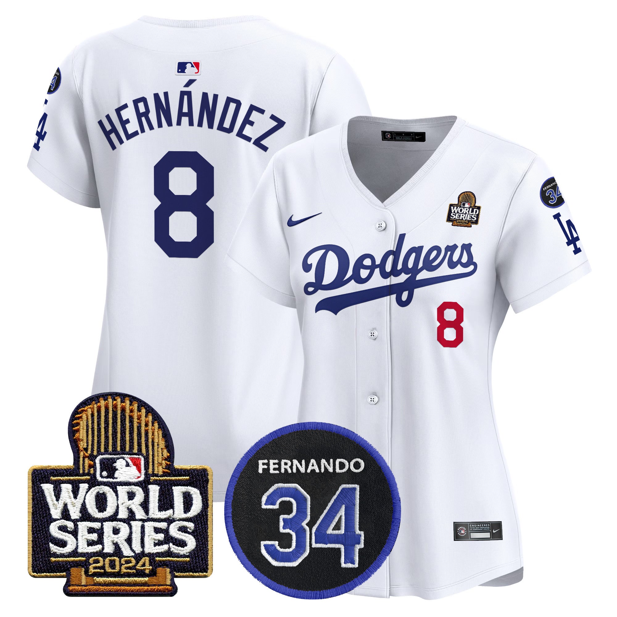 Women's Dodgers Fernando Memorial & 2024 World Series Patch Vapor Premier Limited Jersey V2 - All Stitched - White, Kike Hernandez
