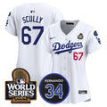 Women's Dodgers Fernando Memorial & 2024 World Series Patch Vapor Premier Limited Jersey V2 - All Stitched - White, Vin Scully