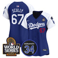 Women's Dodgers Fernando Memorial & 2024 World Series Patch Vapor Premier Limited Jersey V2 - All Stitched - Alternate Royal, Vin Scully