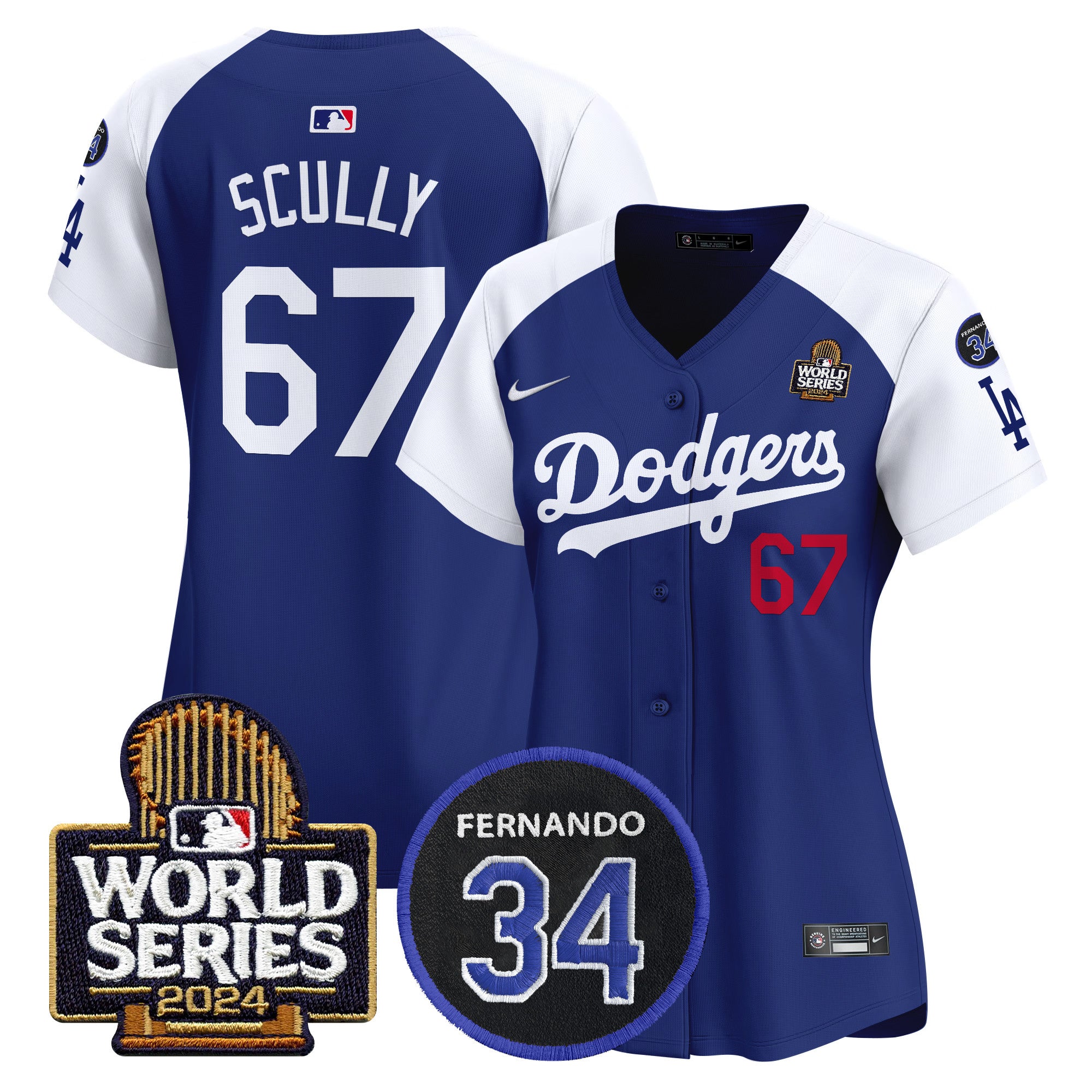 Women's Dodgers Fernando Memorial & 2024 World Series Patch Vapor Premier Limited Jersey V2 - All Stitched - Alternate Royal, Vin Scully