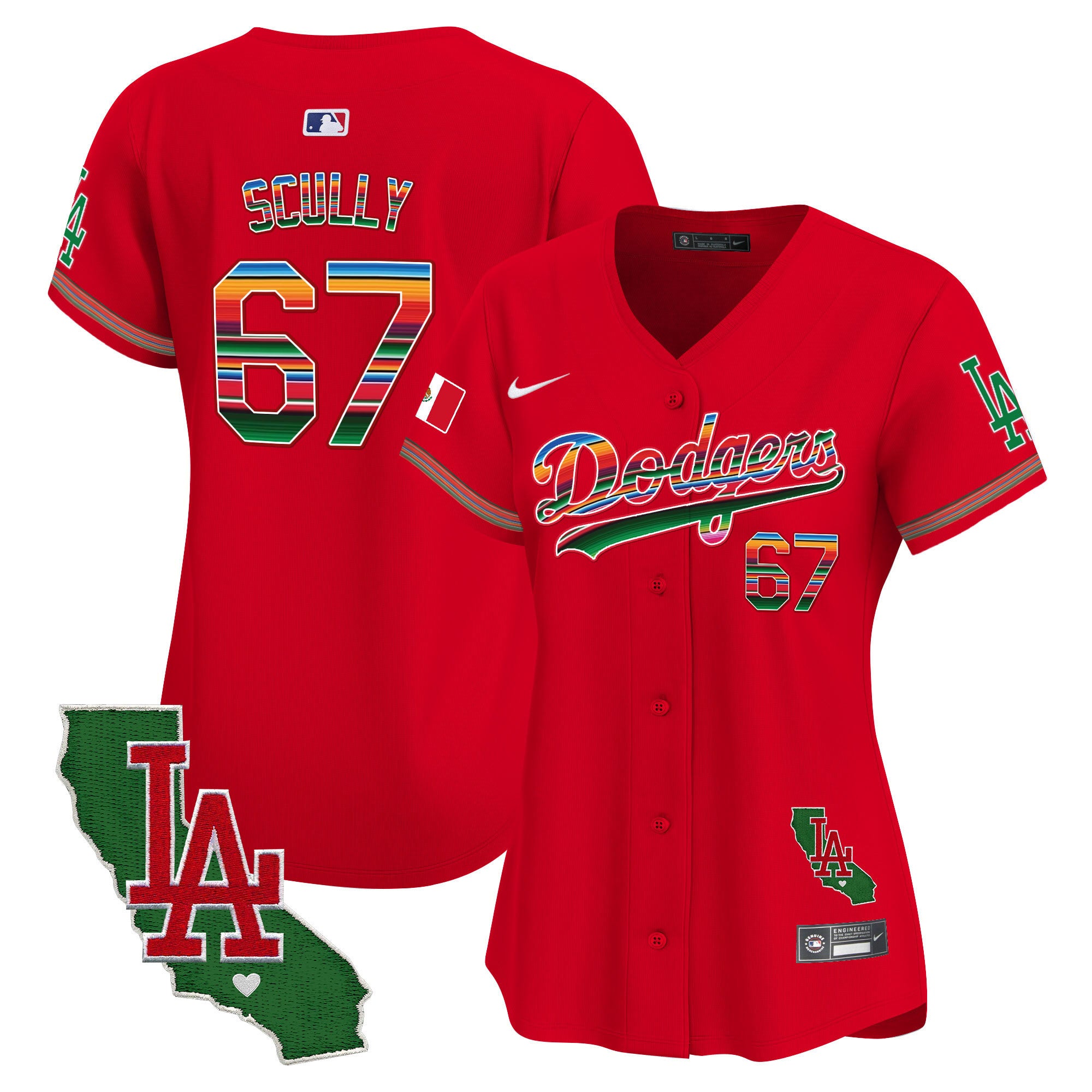 Women's Dodgers Mexico California Patch Vapor Premier Limited Jersey V2 - All Stitched - Red, Vin Scully