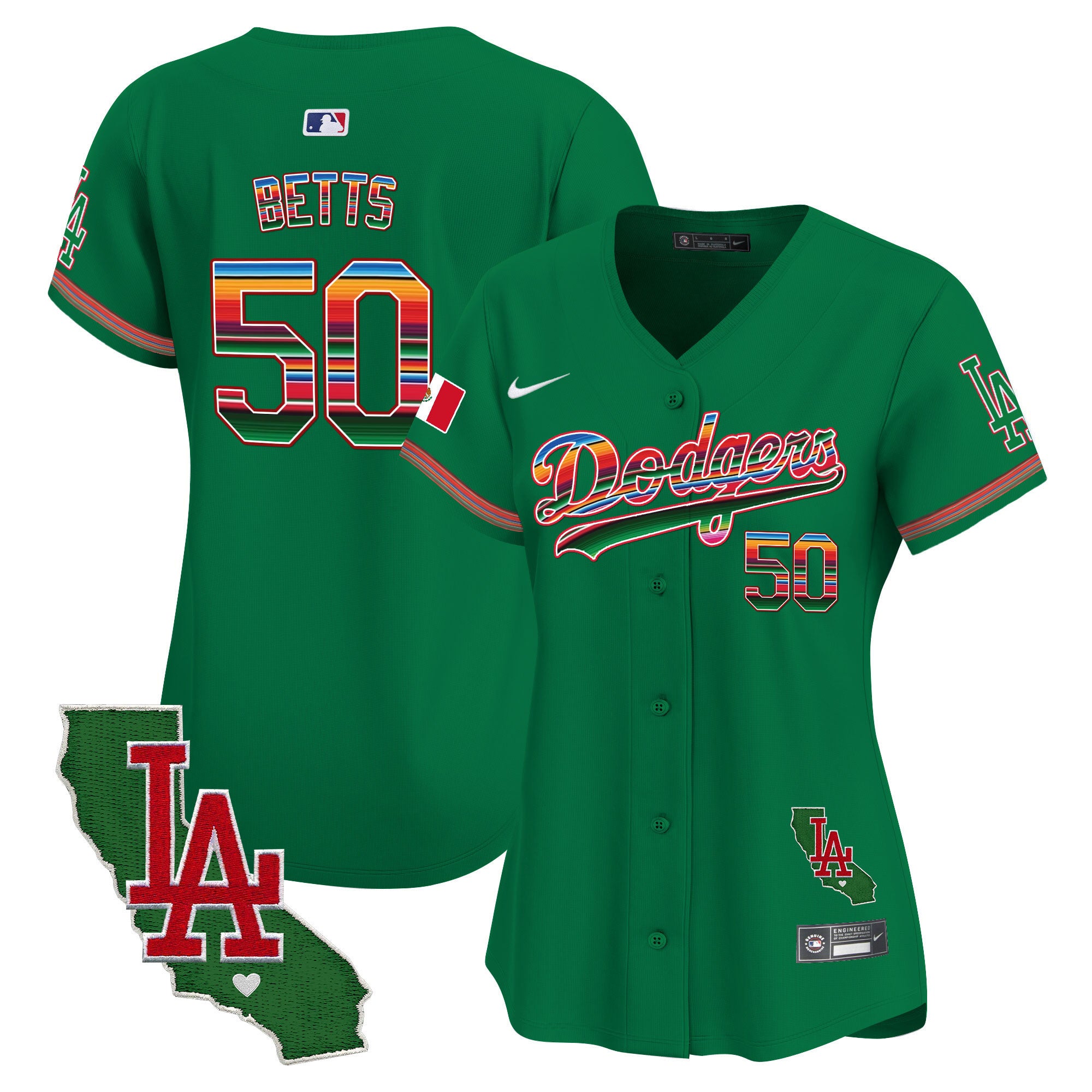 Women's Dodgers Mexico California Patch Vapor Premier Limited Jersey V2 - All Stitched - Green, Mookie Betts