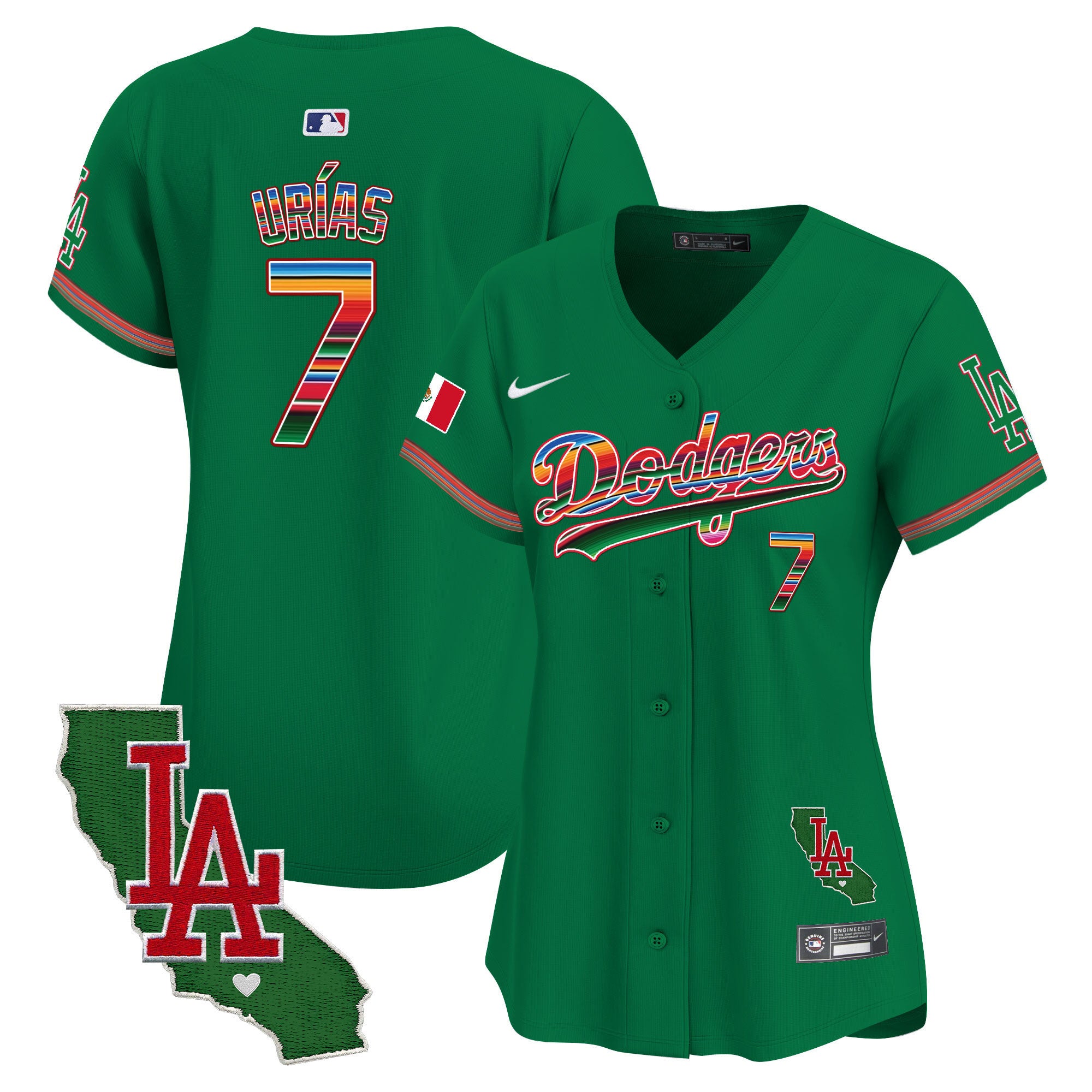Women's Dodgers Mexico California Patch Vapor Premier Limited Jersey V2 - All Stitched - Green, Julio Urías