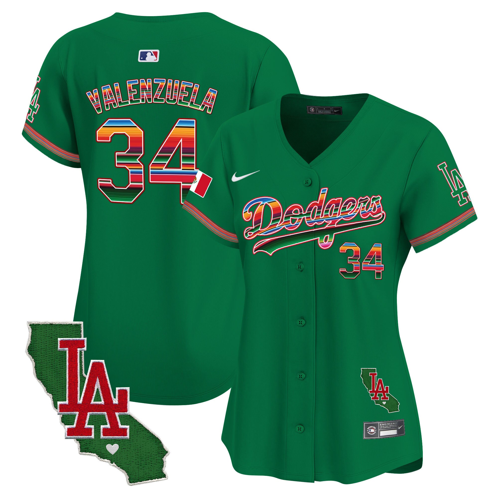 Women's Dodgers Mexico California Patch Vapor Premier Limited Jersey V2 - All Stitched - Green, Fernando Valenzuela